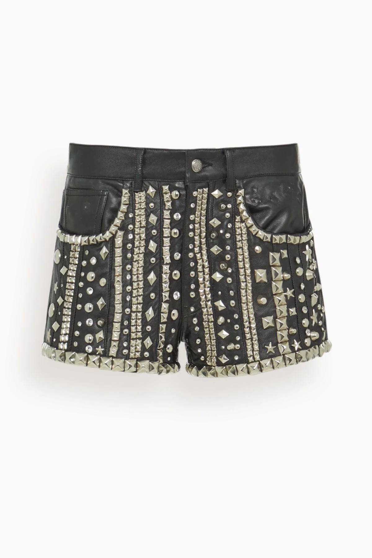 5 Pocket Leather Short in Black Strips with Studs