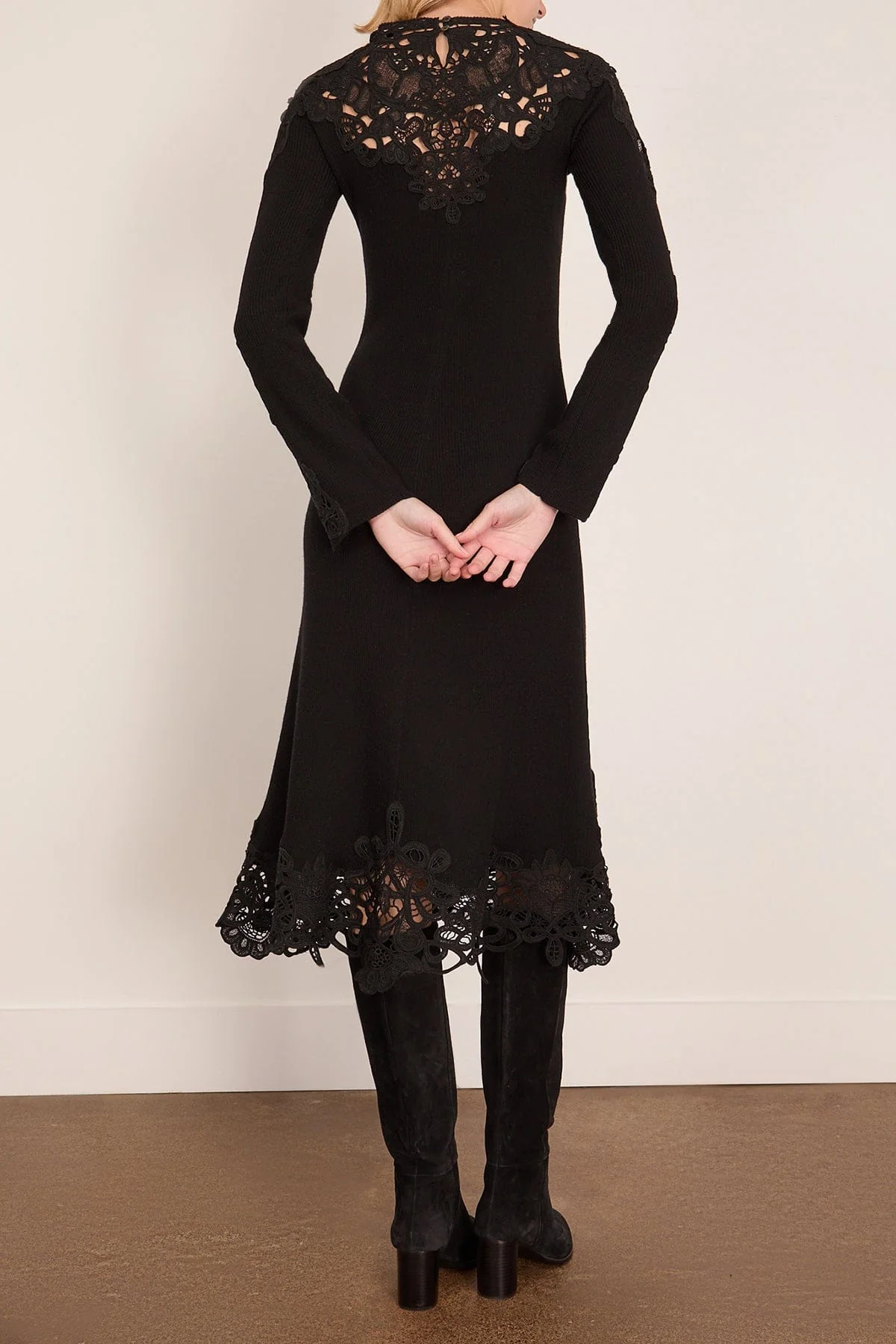 Adelina Battenberg Lace Long Sleeve Knit Midi Dress in Black - Image 4