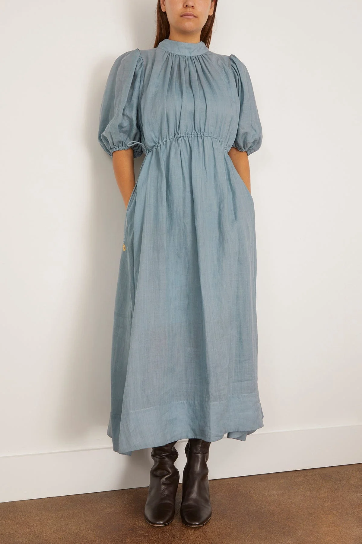 Anise Solid Puff Sleeve Midi Dress in Blue - Image 3