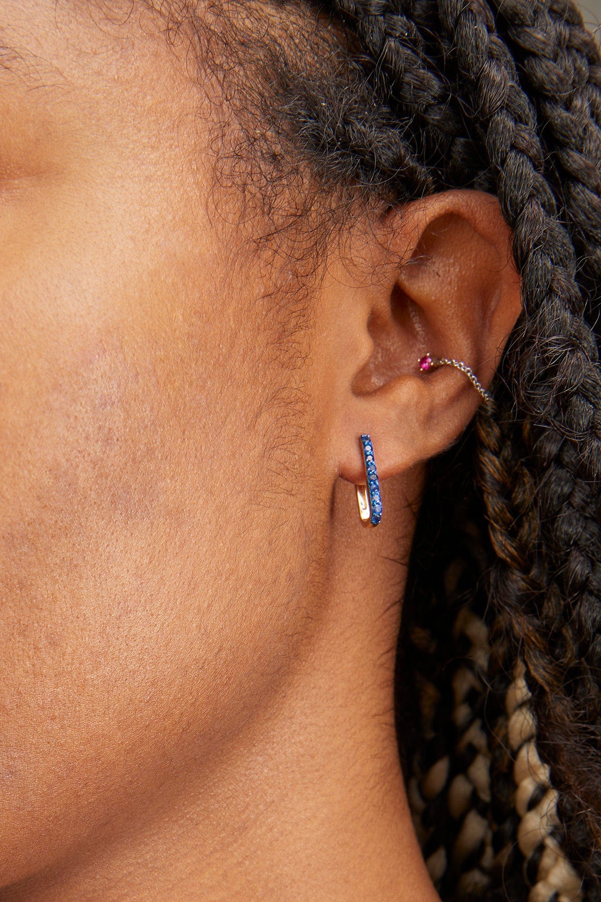 Blue Sapphire Elongated Huggies in 14k Yellow Gold - Image 2