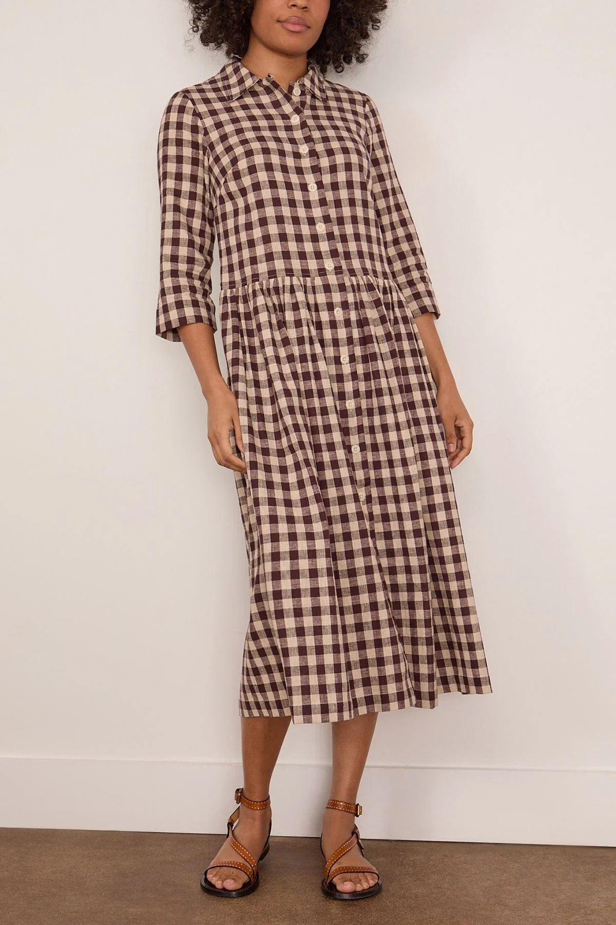 Check Linen Cotton Shirt Dress in Dark Chocolate - Image 3