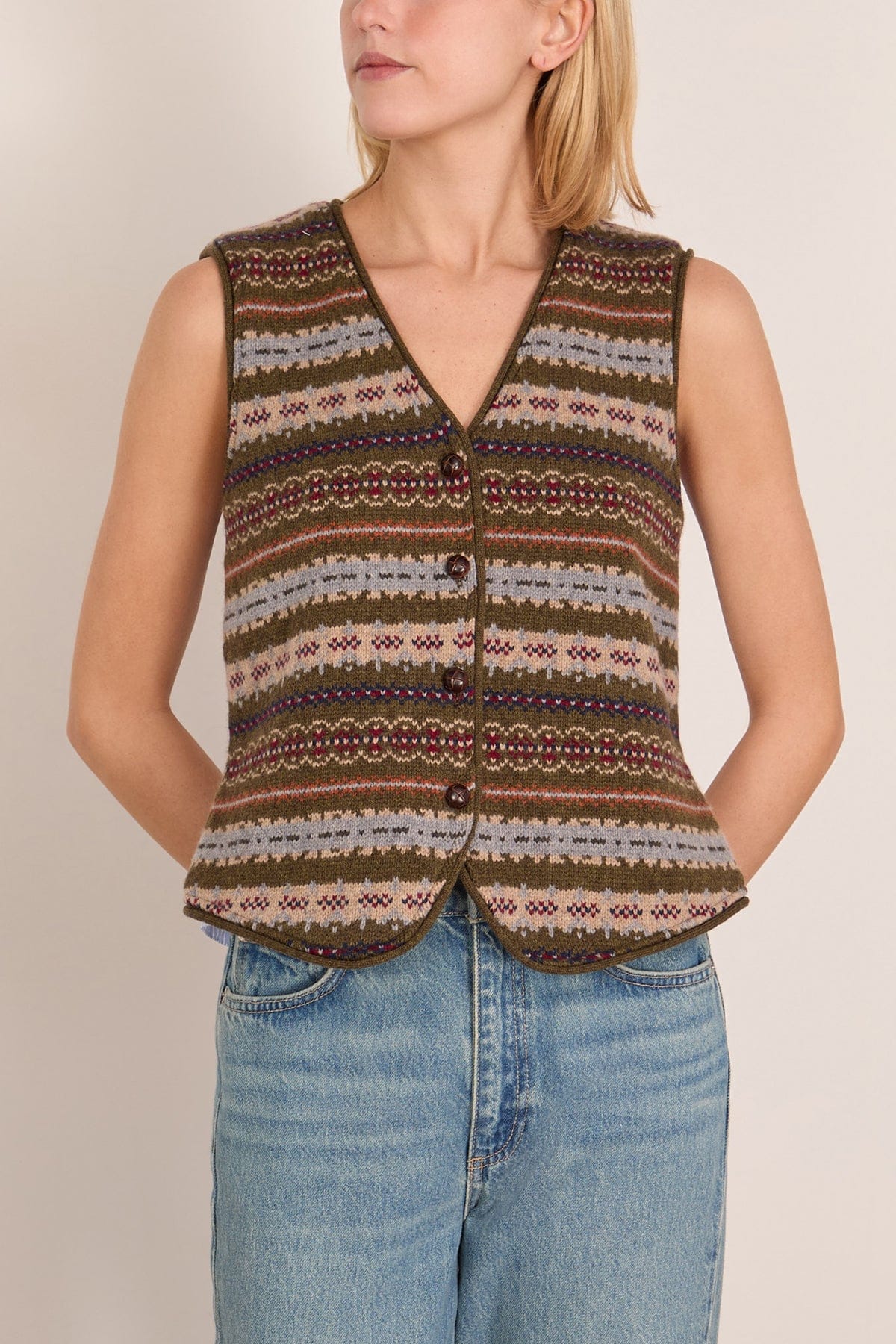 Ciara Fair Isle Knit Combo Vest in Olive - Image 3