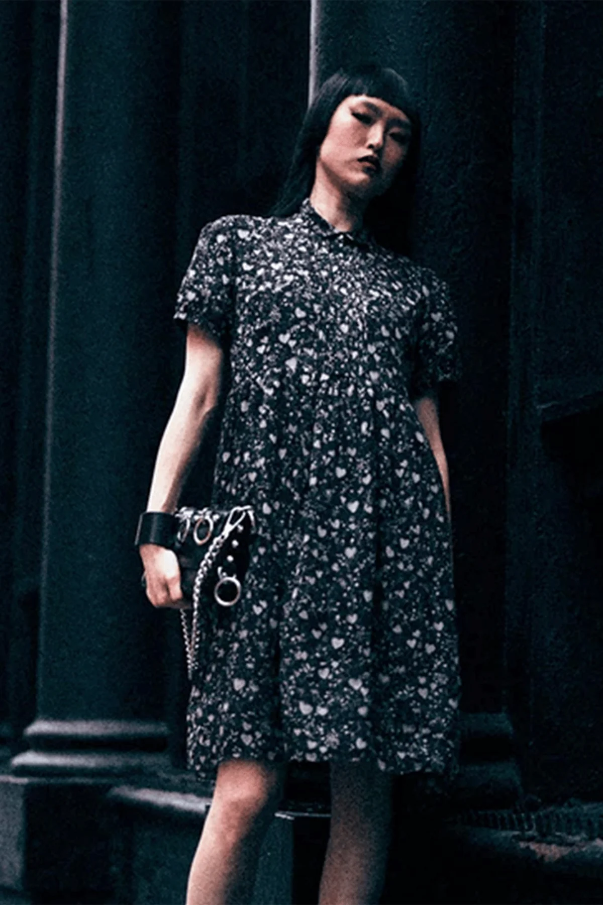 Collared Babydoll Dress in Mini Hearts on Black - Image 5