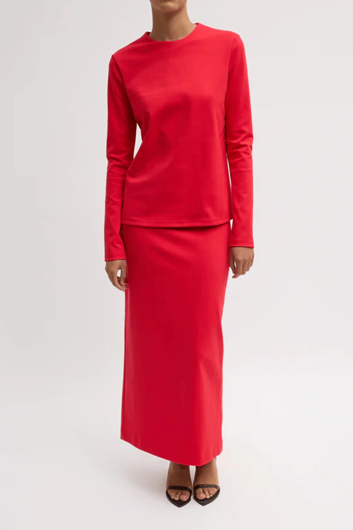Compact Knit Long Sleeve Slim Top in Red - Image 2