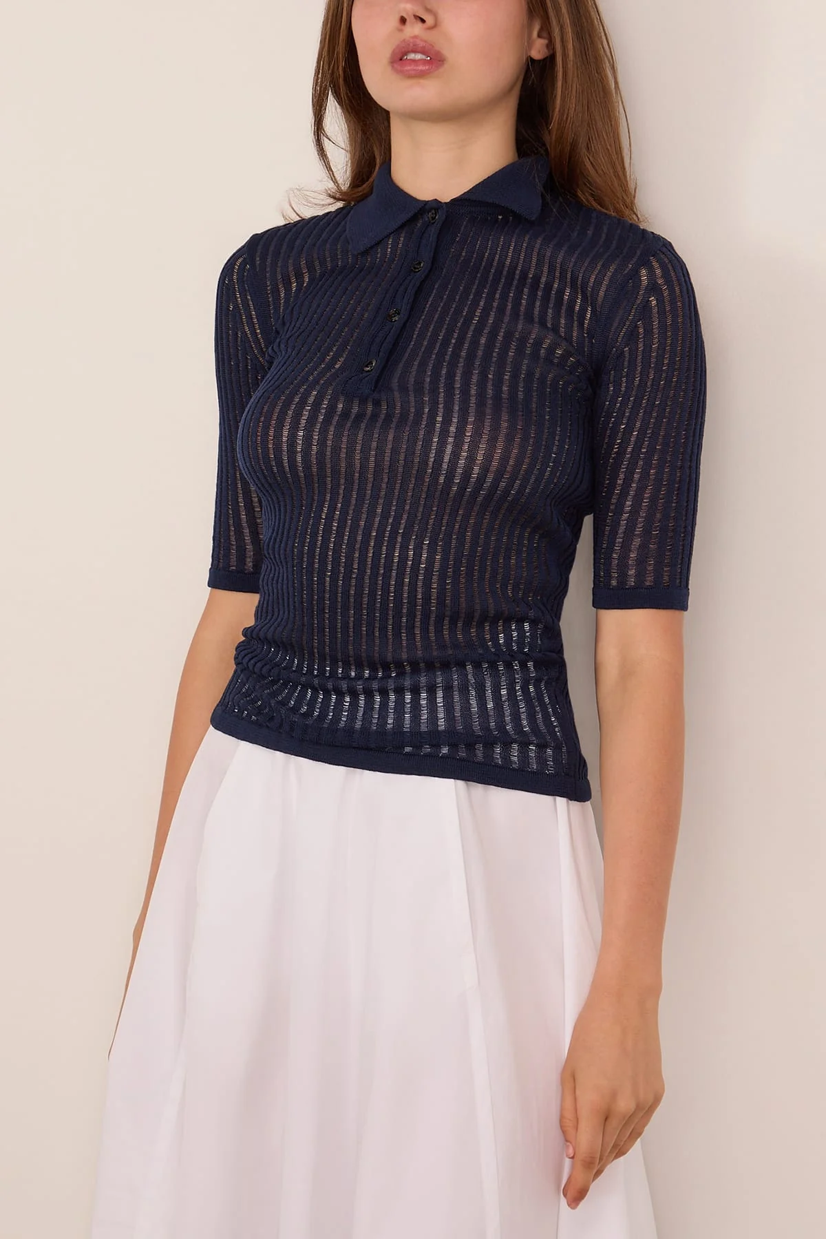 Cotton Net Rib Top in Dark Navy - Image 3