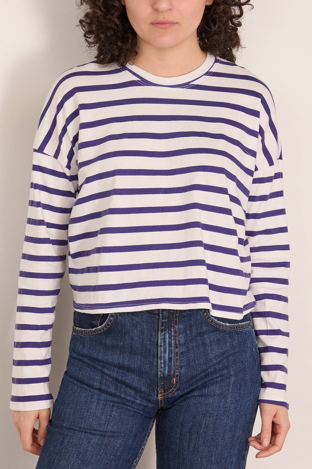 Cropped Long Sleeve Tee in Navy Thin Stripe - Image 3