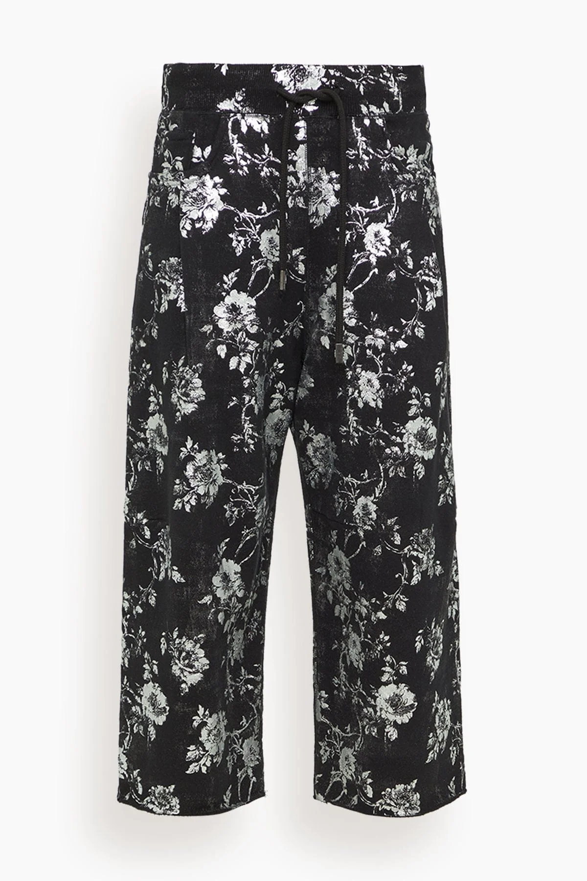 Cropped Pleated Sweatpant in Silver Floral on Black