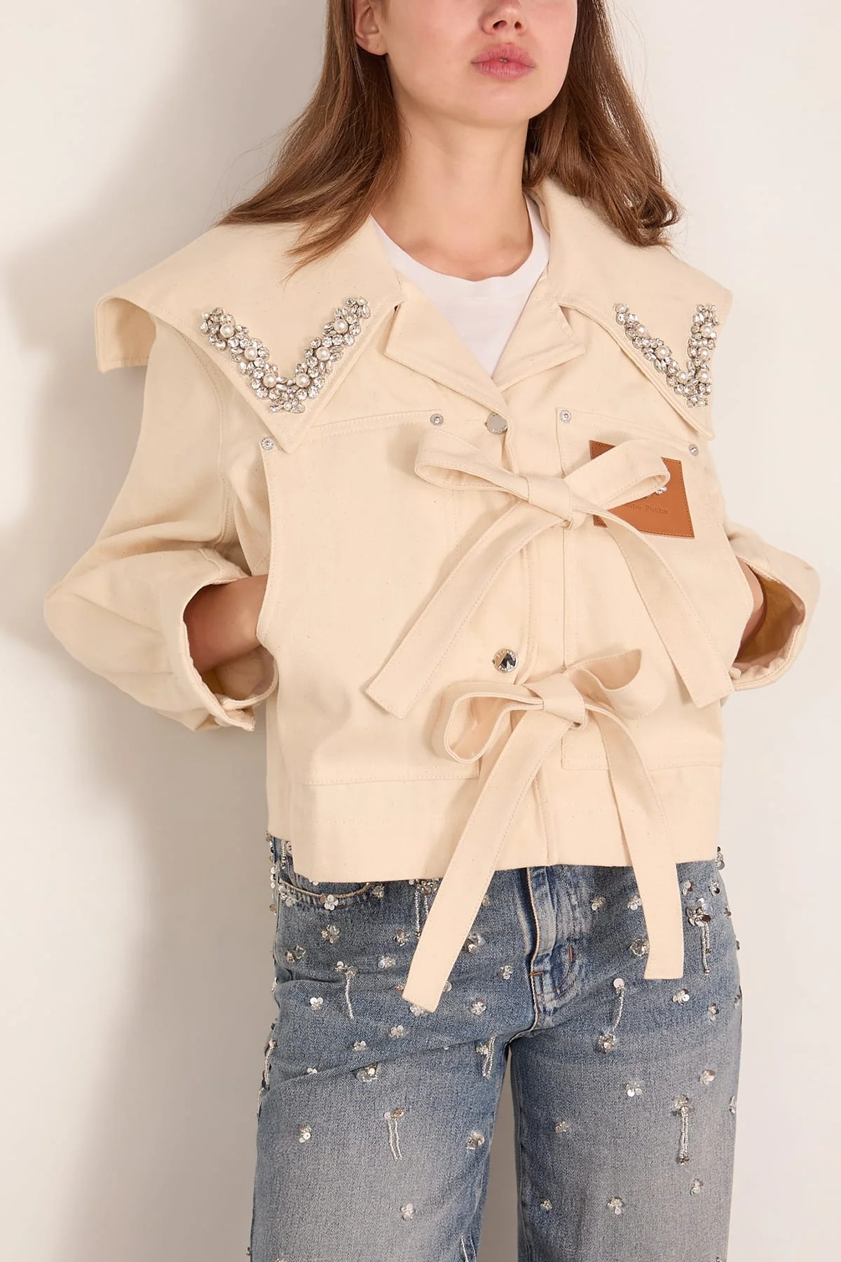 Cropped Sailor Collar Workwear Bow Jacket in Ecru/Pearl/Clear - Image 3