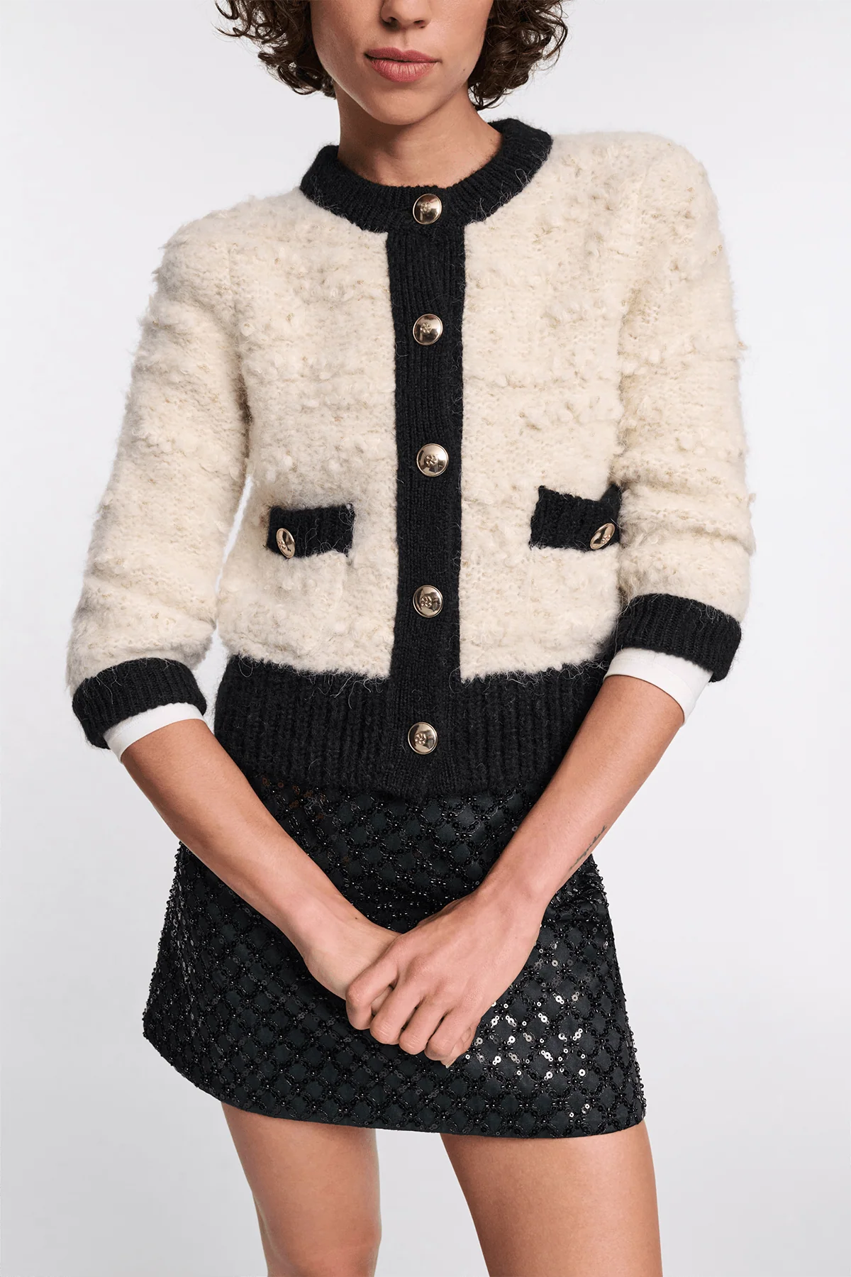 Delightful Sparkle Cardigan in Creme Black Framed - Image 3