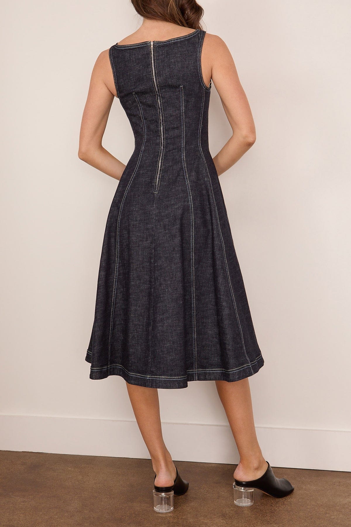 Denim Midi Balloon Dress in Blue/Black - Image 4