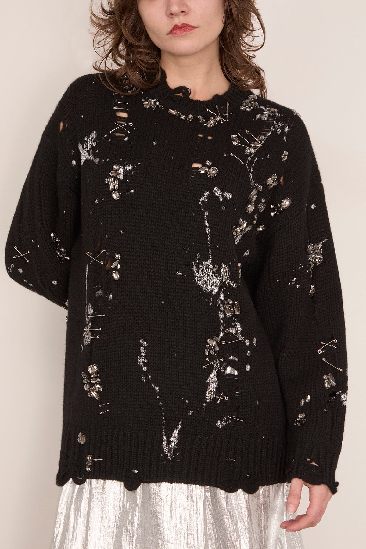 Distressed Oversized Sweater in Black with Crystals and Pins - Image 3