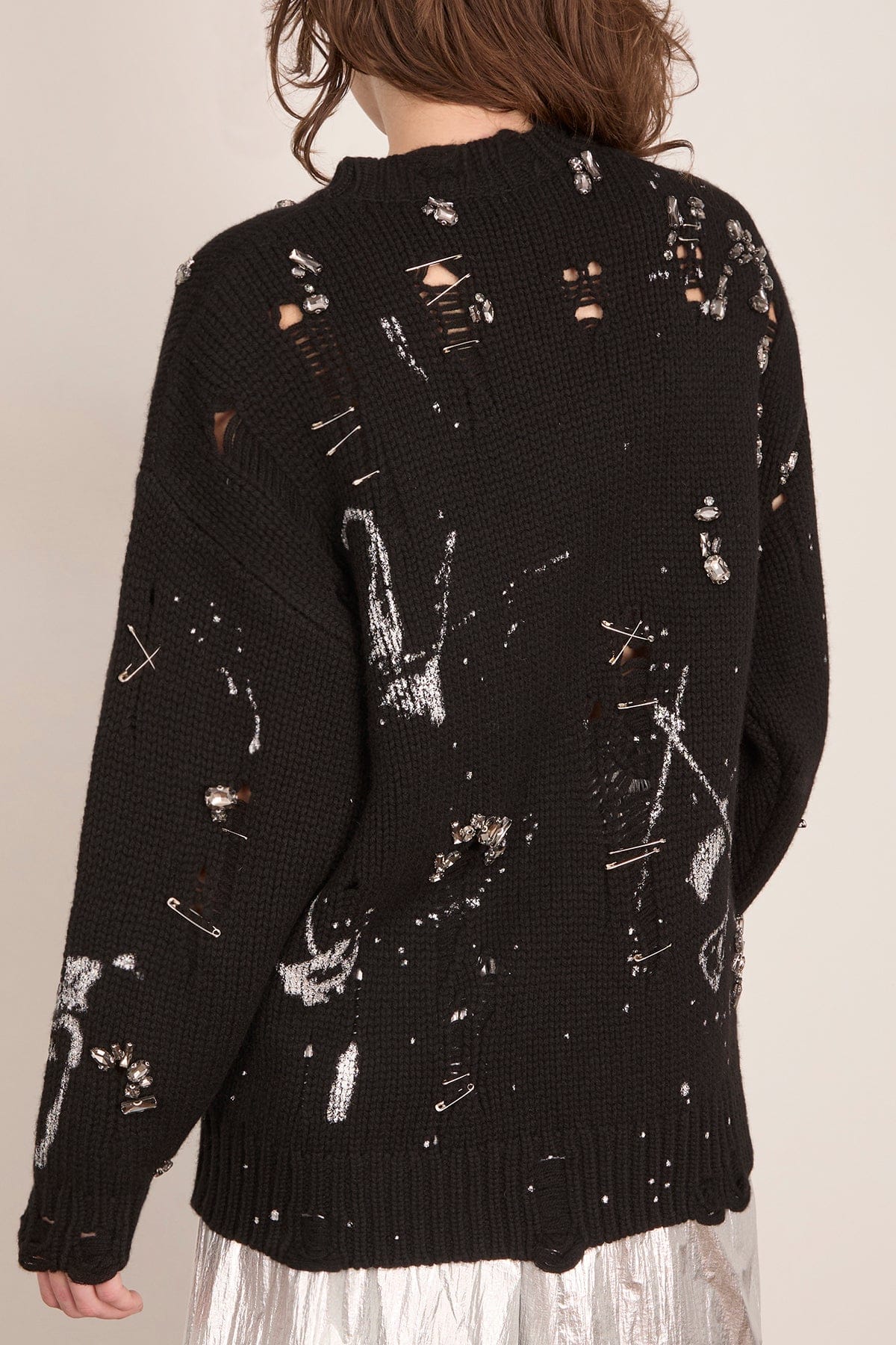 Distressed Oversized Sweater in Black with Crystals and Pins - Image 4
