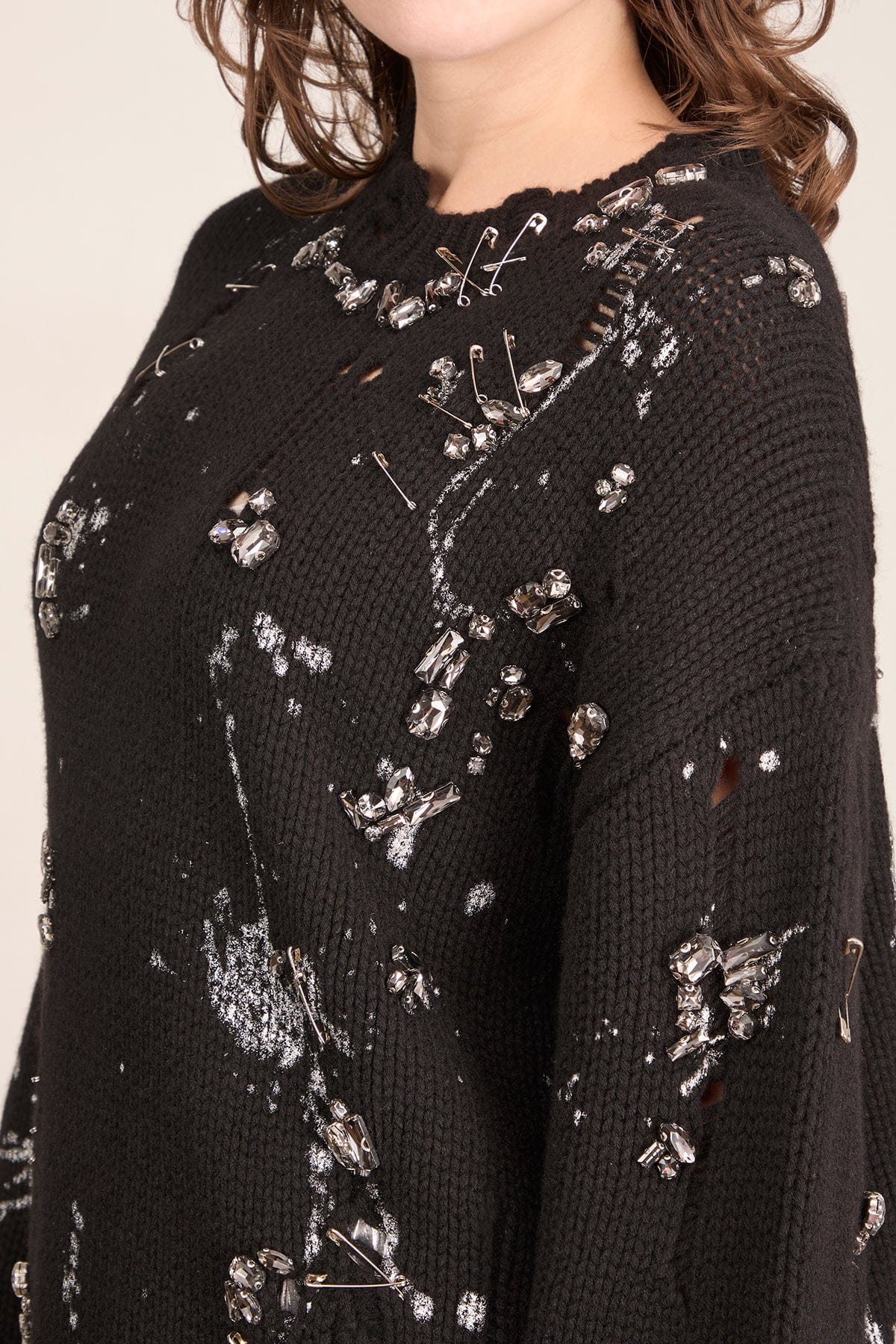 Distressed Oversized Sweater in Black with Crystals and Pins - Image 5