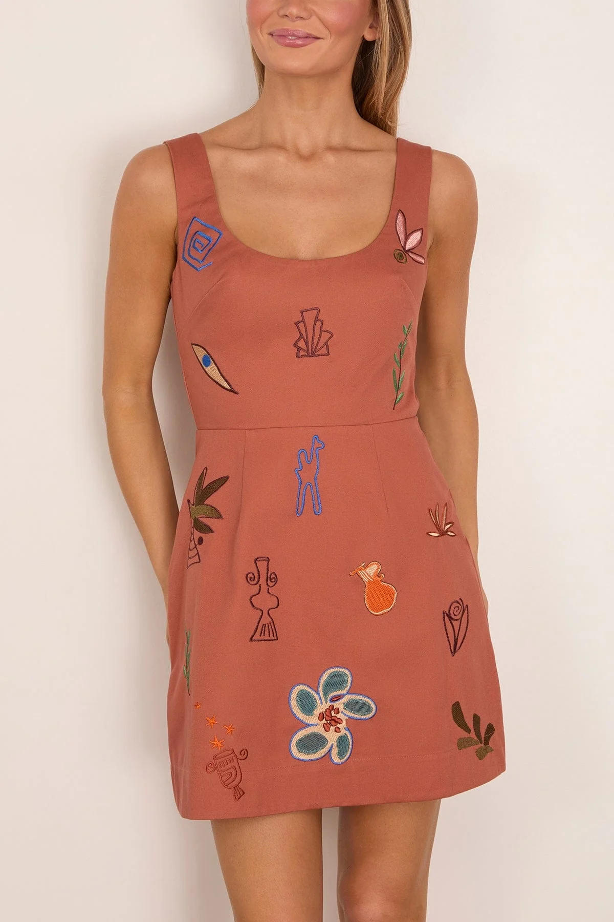 Dusty Embroidered Mini Dress in Rust - Image 3