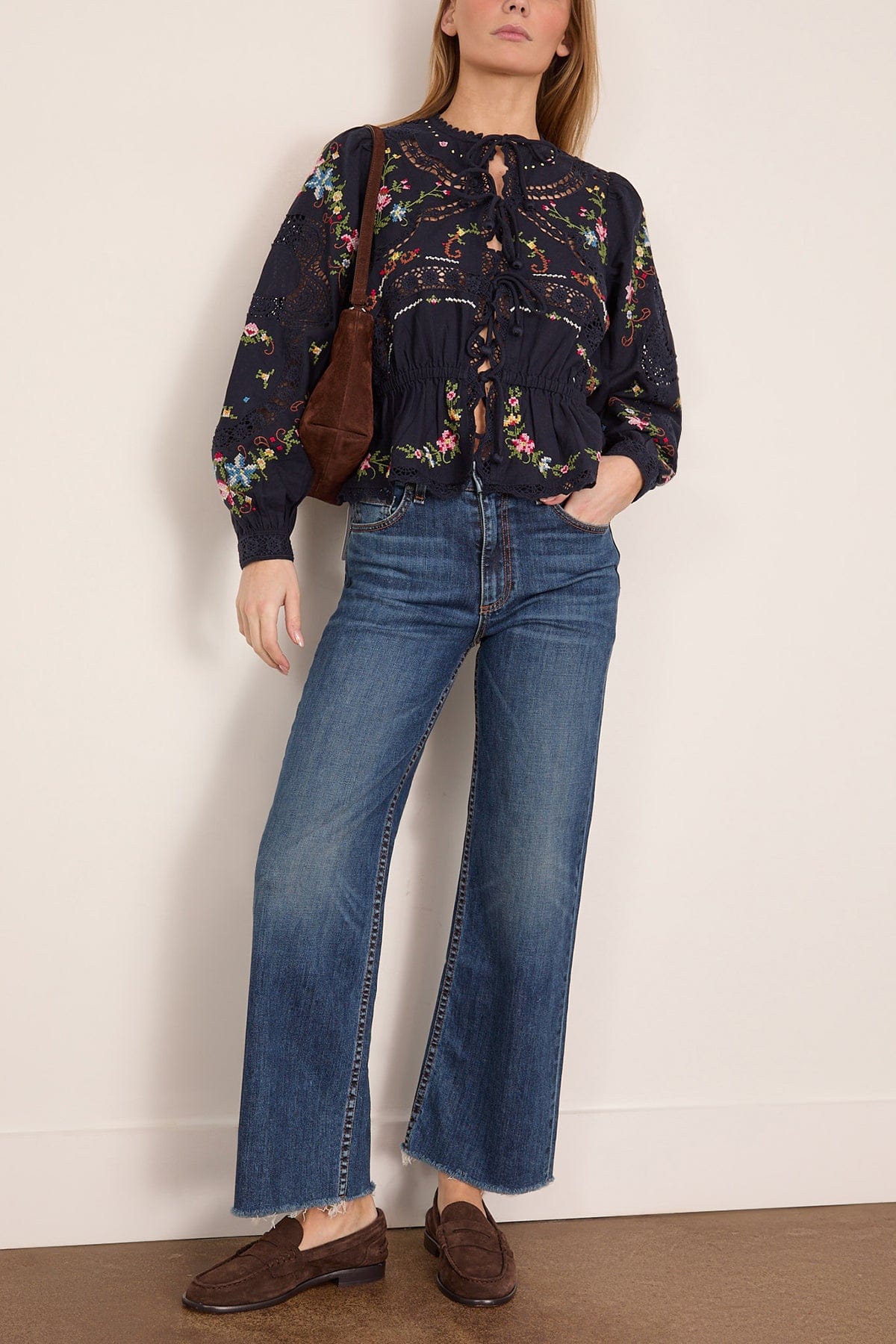 Edwina Embroidered Long Sleeve Tie Front Top in Navy - Image 2