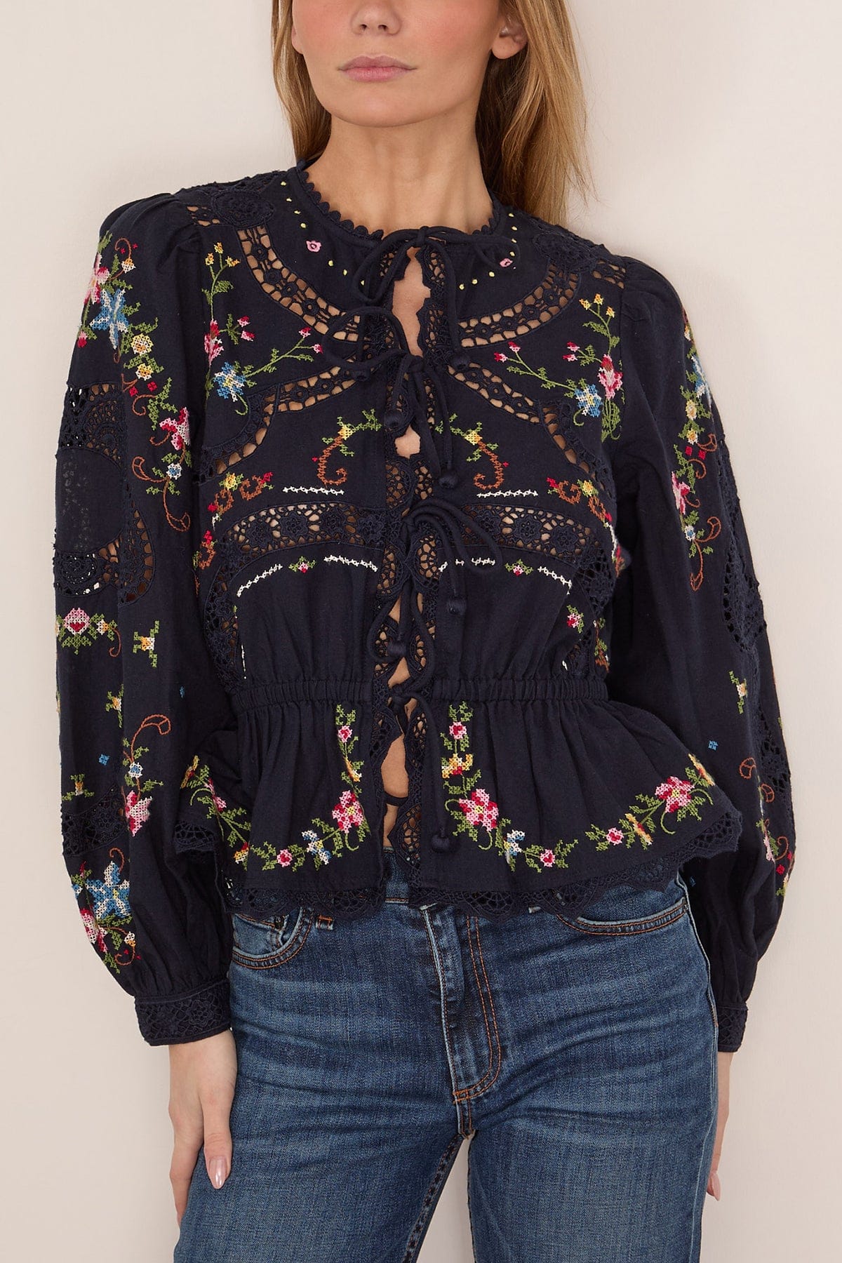 Edwina Embroidered Long Sleeve Tie Front Top in Navy - Image 3