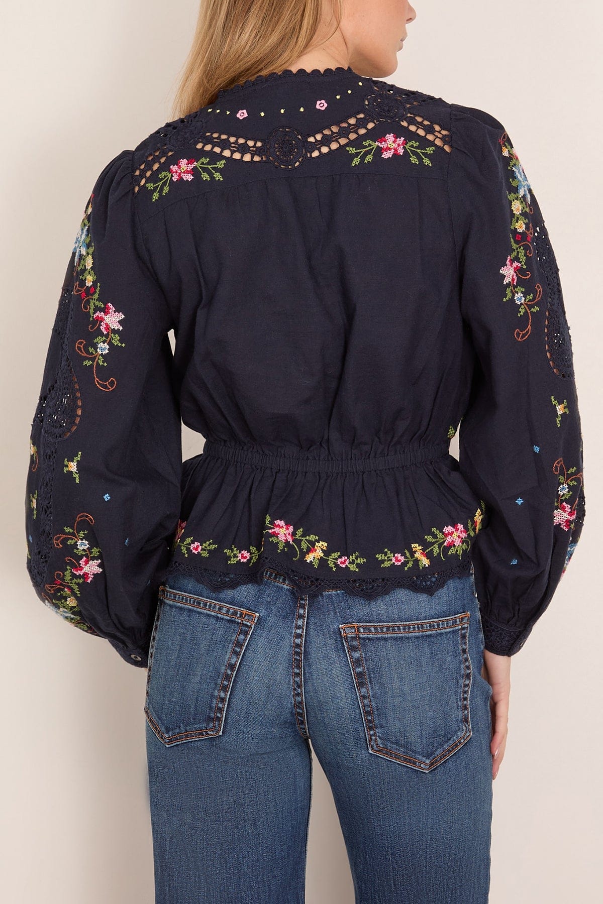 Edwina Embroidered Long Sleeve Tie Front Top in Navy - Image 4