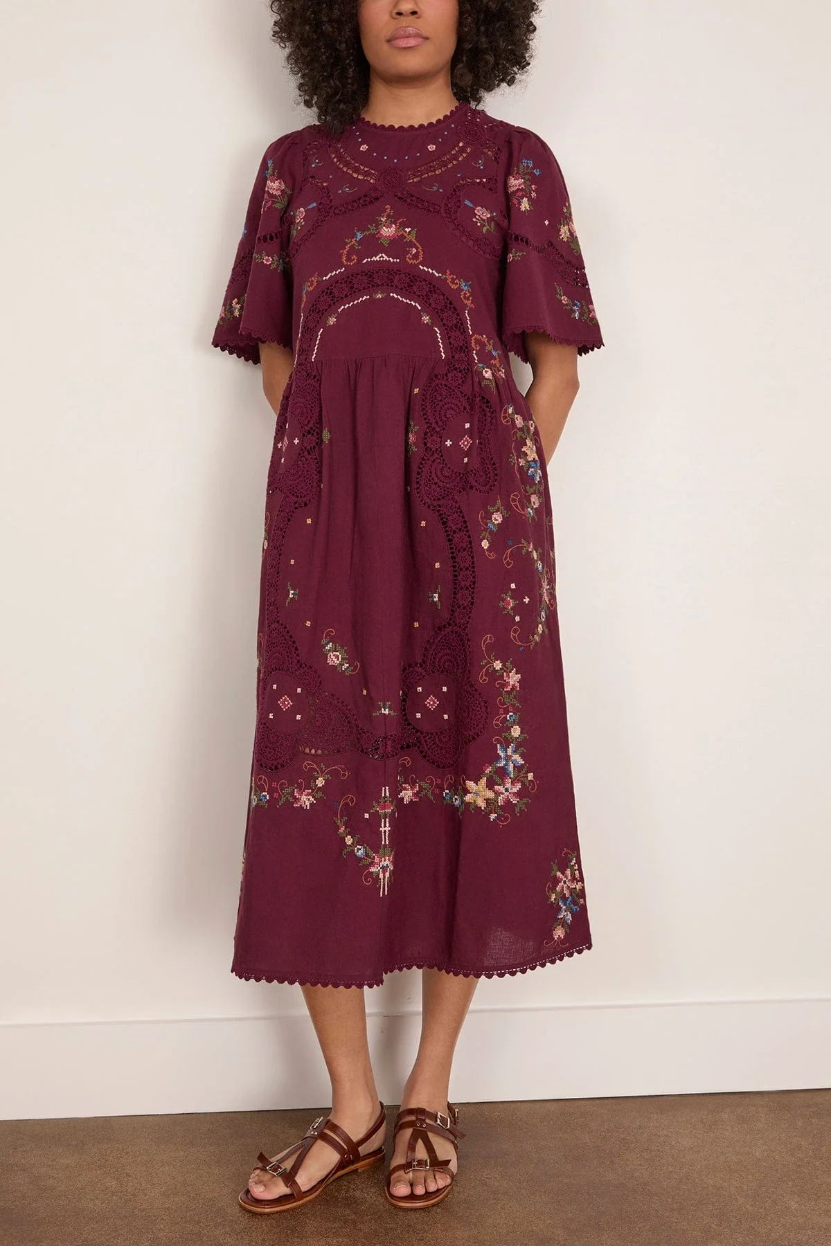 Edwina Embroidered Short Sleeve Dress in Burgundy - Image 3