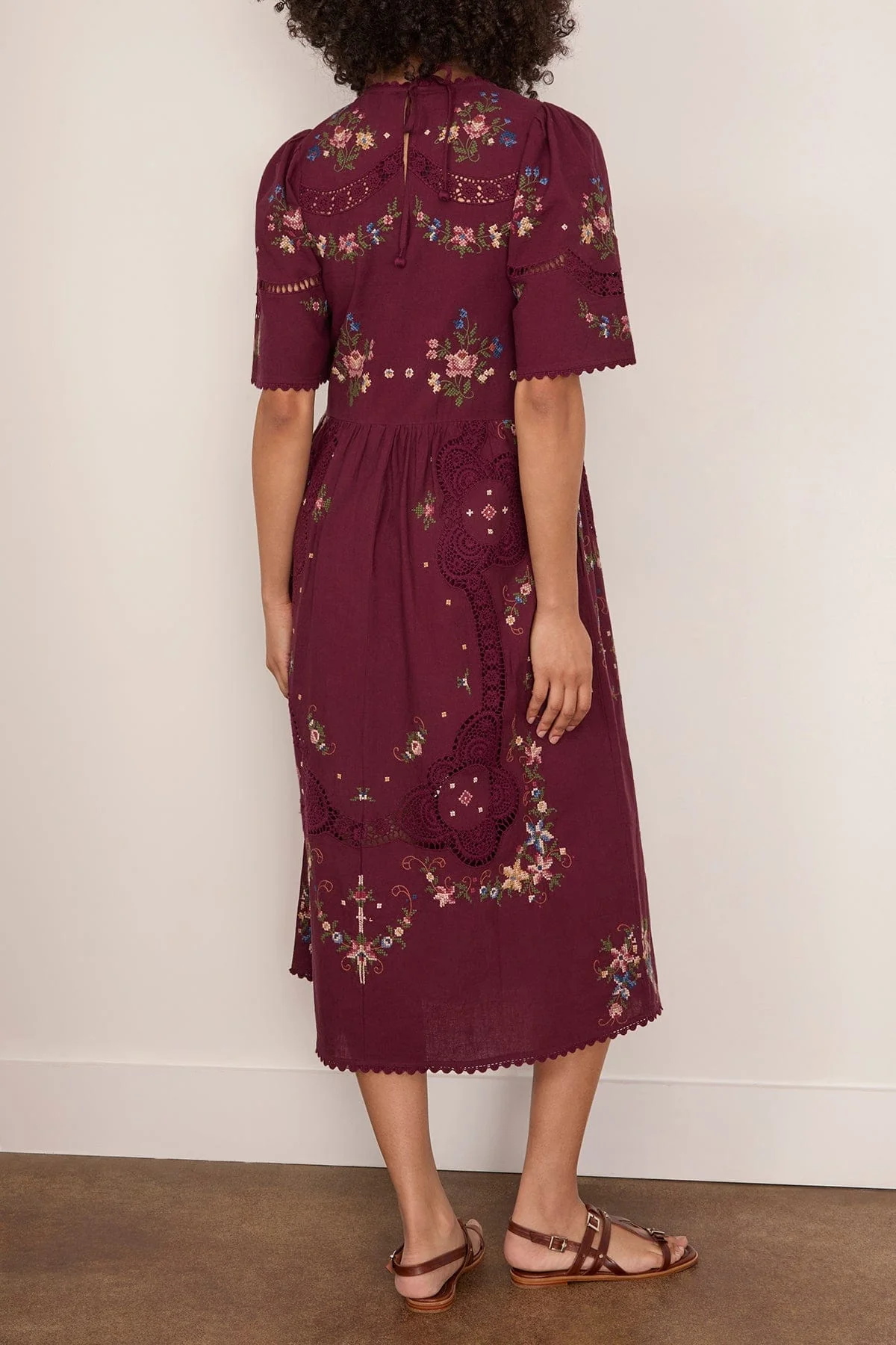 Edwina Embroidered Short Sleeve Dress in Burgundy - Image 4