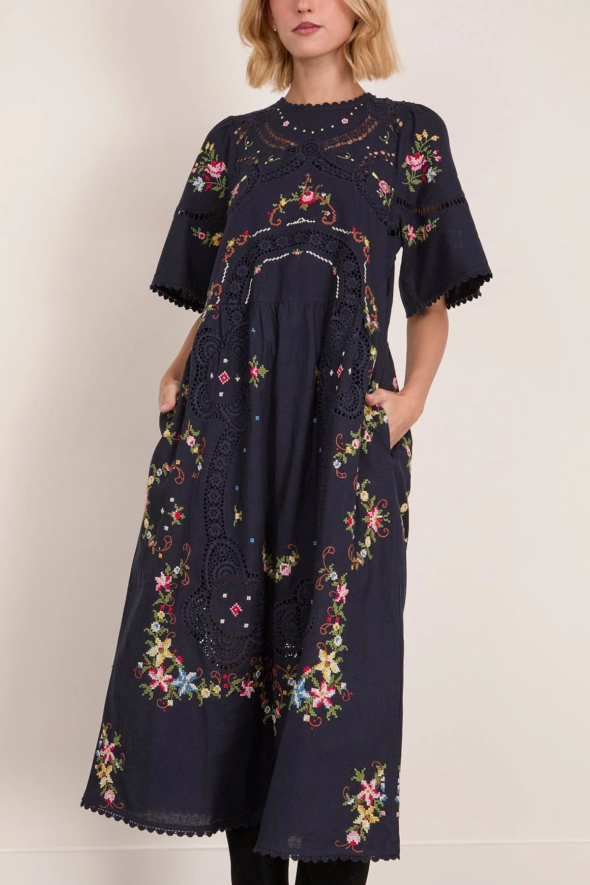 Edwina Embroidered Short Sleeve Dress in Navy - Image 3