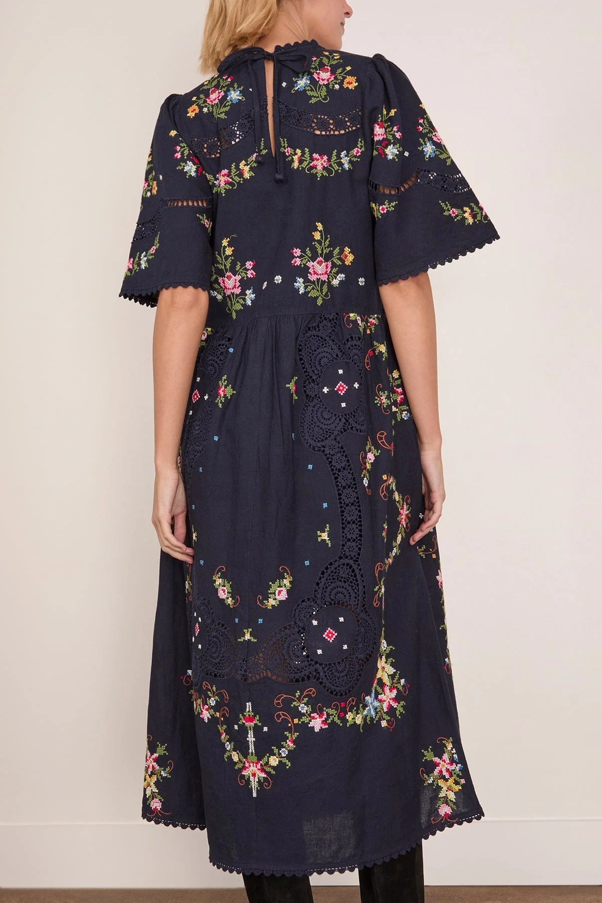 Edwina Embroidered Short Sleeve Dress in Navy - Image 4