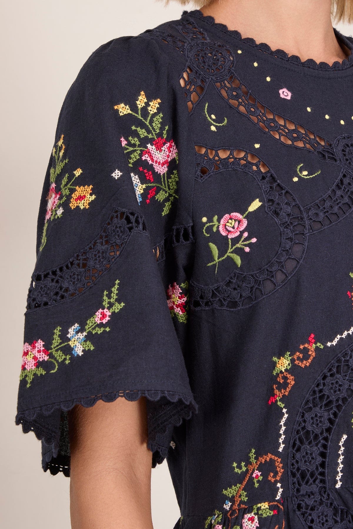 Edwina Embroidered Short Sleeve Dress in Navy - Image 5
