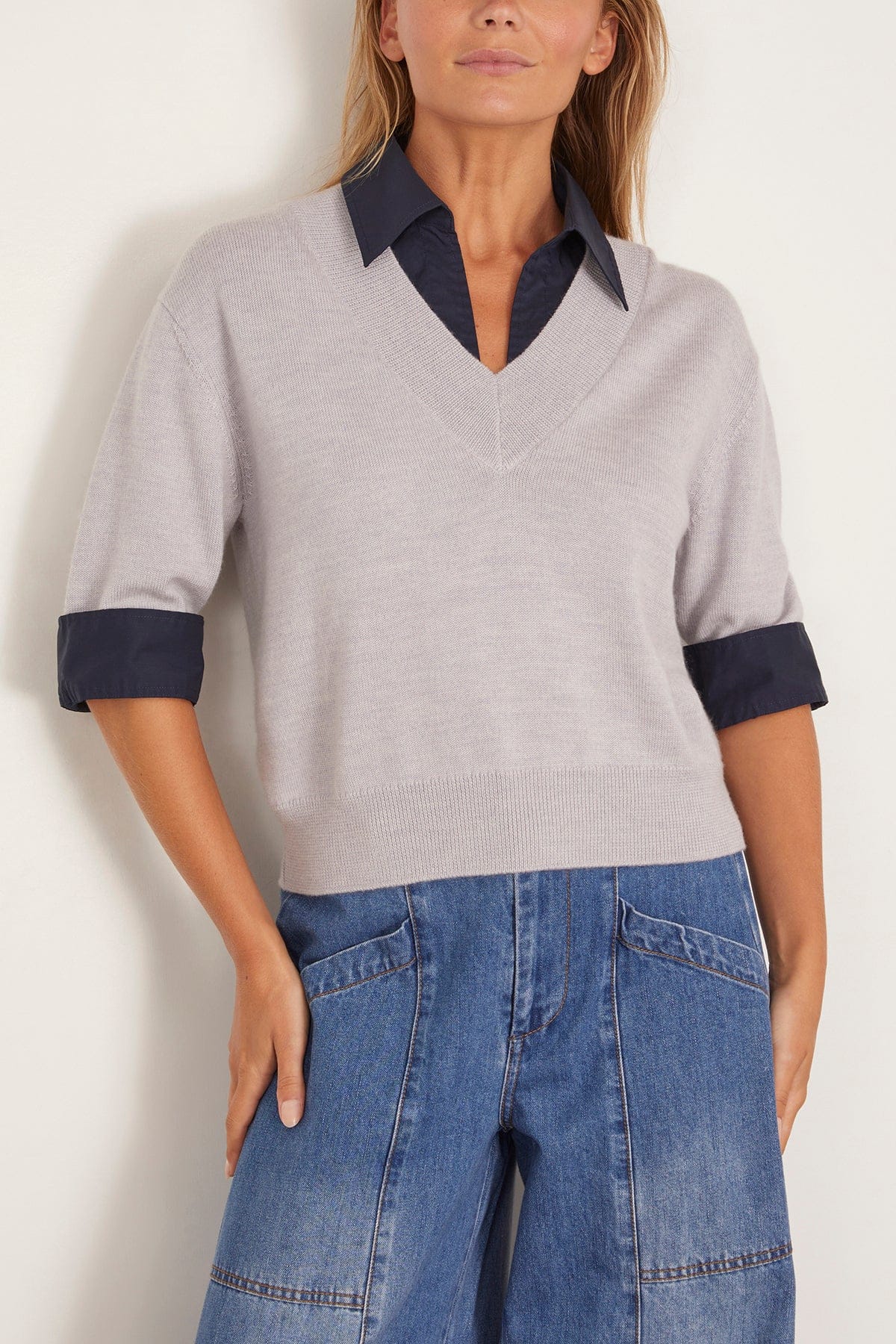 Esme Sweater Combo Top in Light Heather Gray/Maritime - Image 3