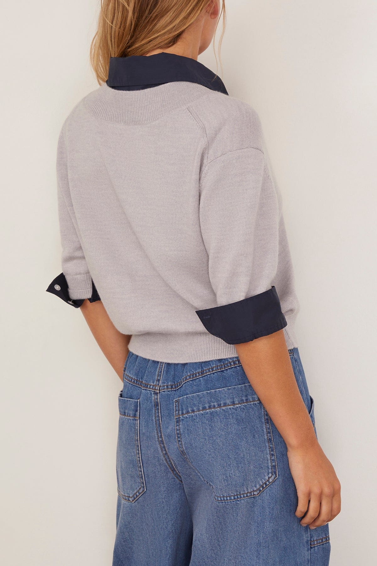 Esme Sweater Combo Top in Light Heather Gray/Maritime - Image 4
