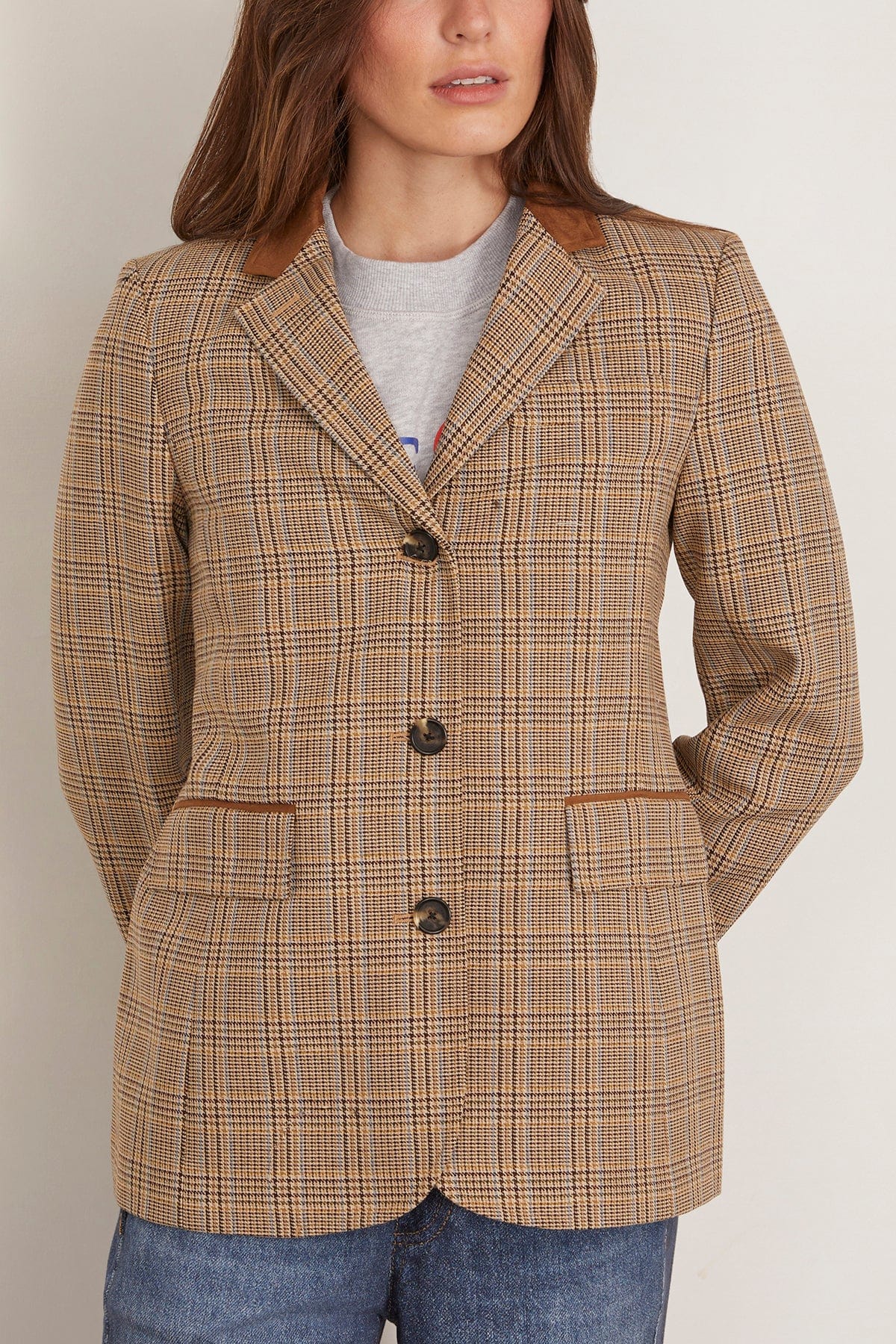 Evia Plaid Blazer in Tan Multi - Image 3