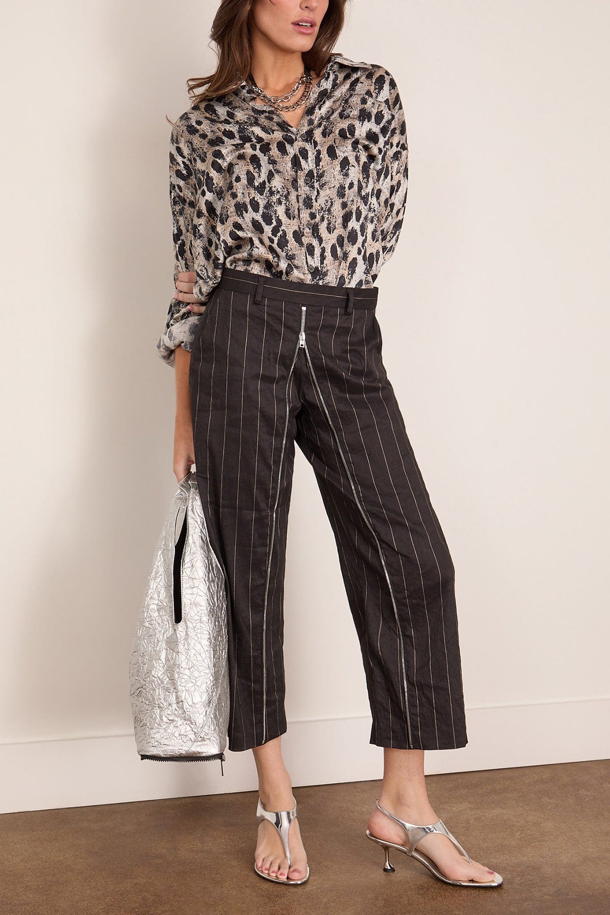 Front Zip Trouser in Black Silver Wide - Image 2