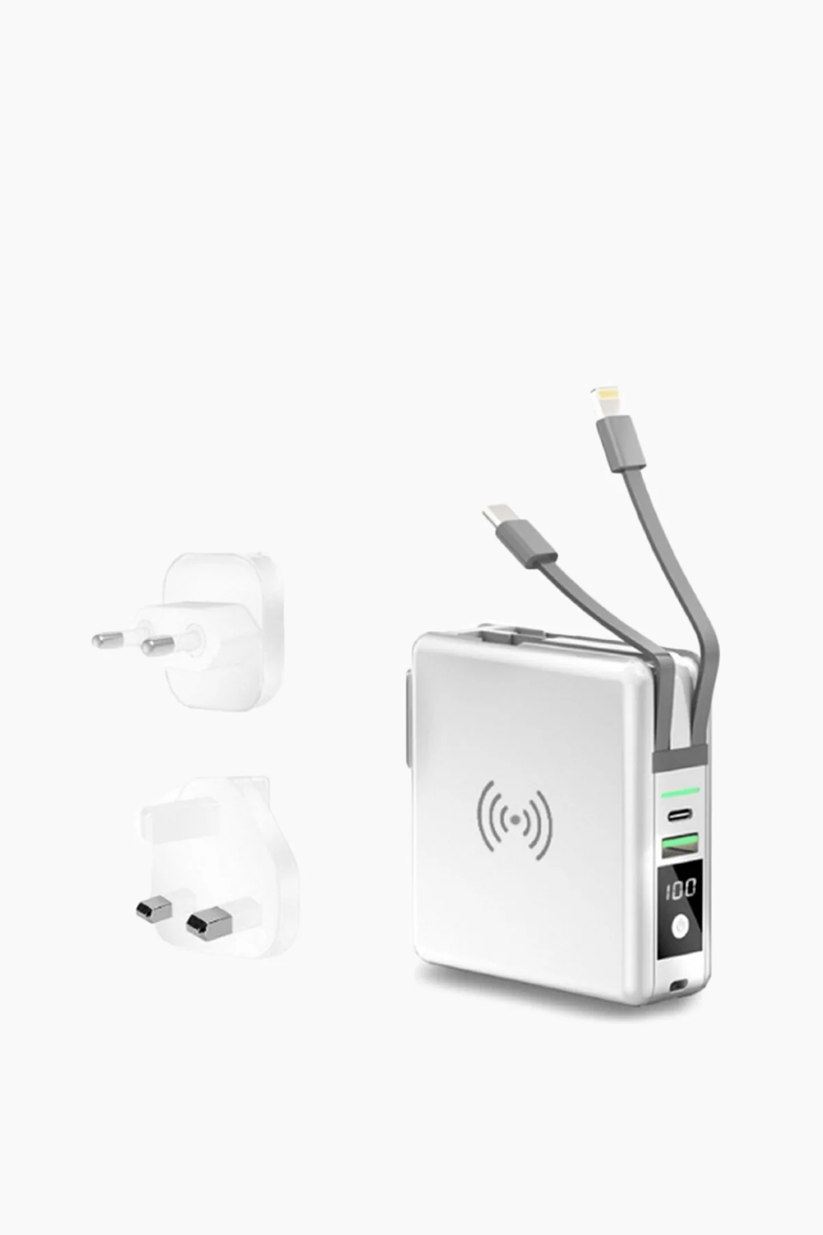 Global Travel Charger with Built-In Cables in White