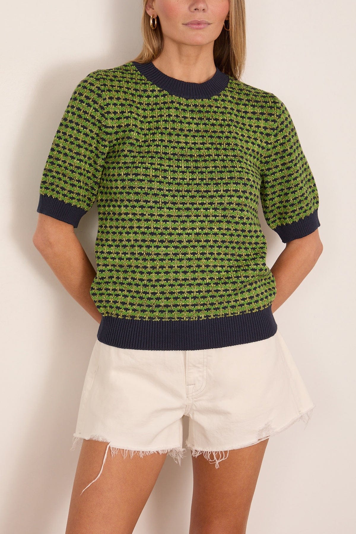 Jacquard Knitted Cotton Top in Green Multi - Image 3
