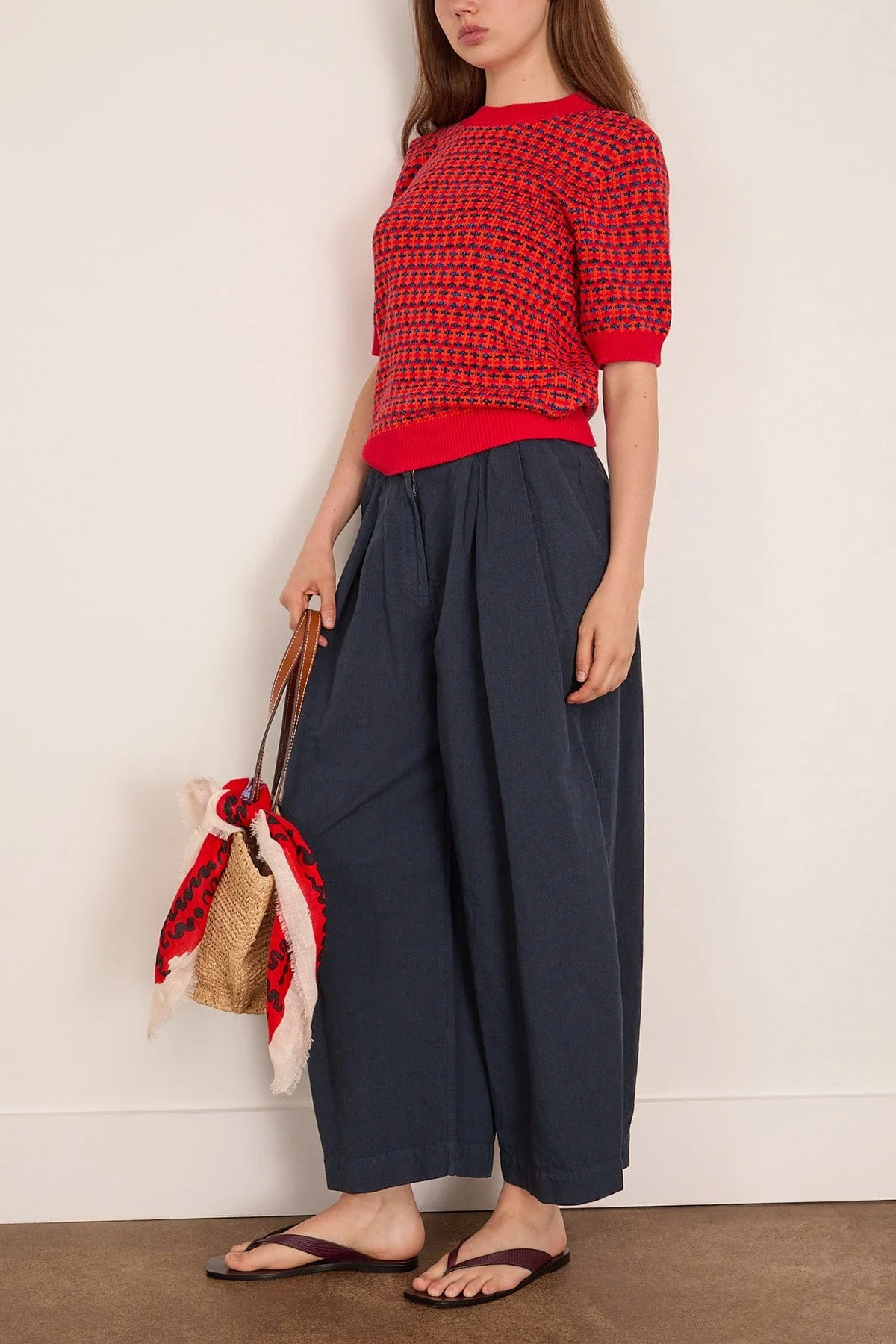 Jacquard Knitted Cotton Top in Red Multi - Image 2