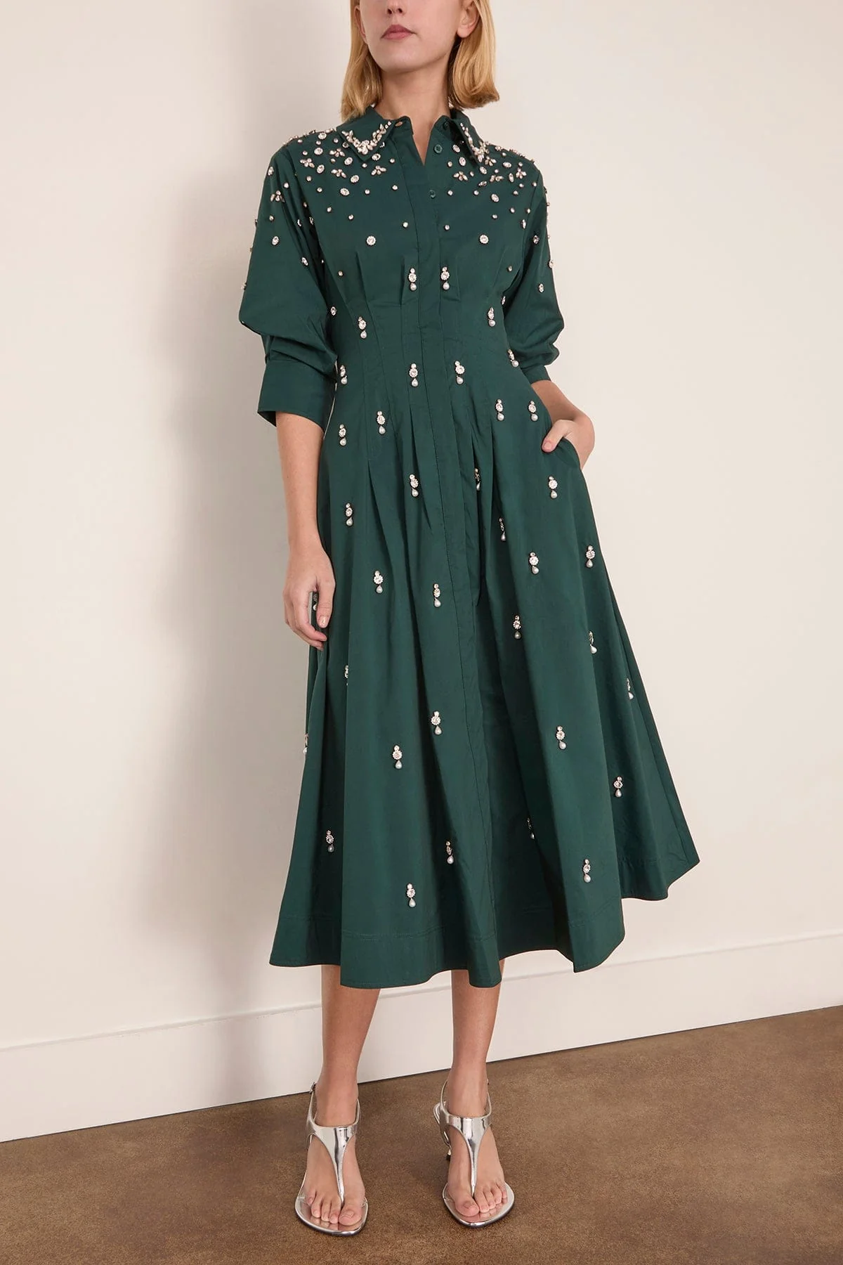 Jazz Embellished Pintuck Midi Dress in Emerald - Image 3
