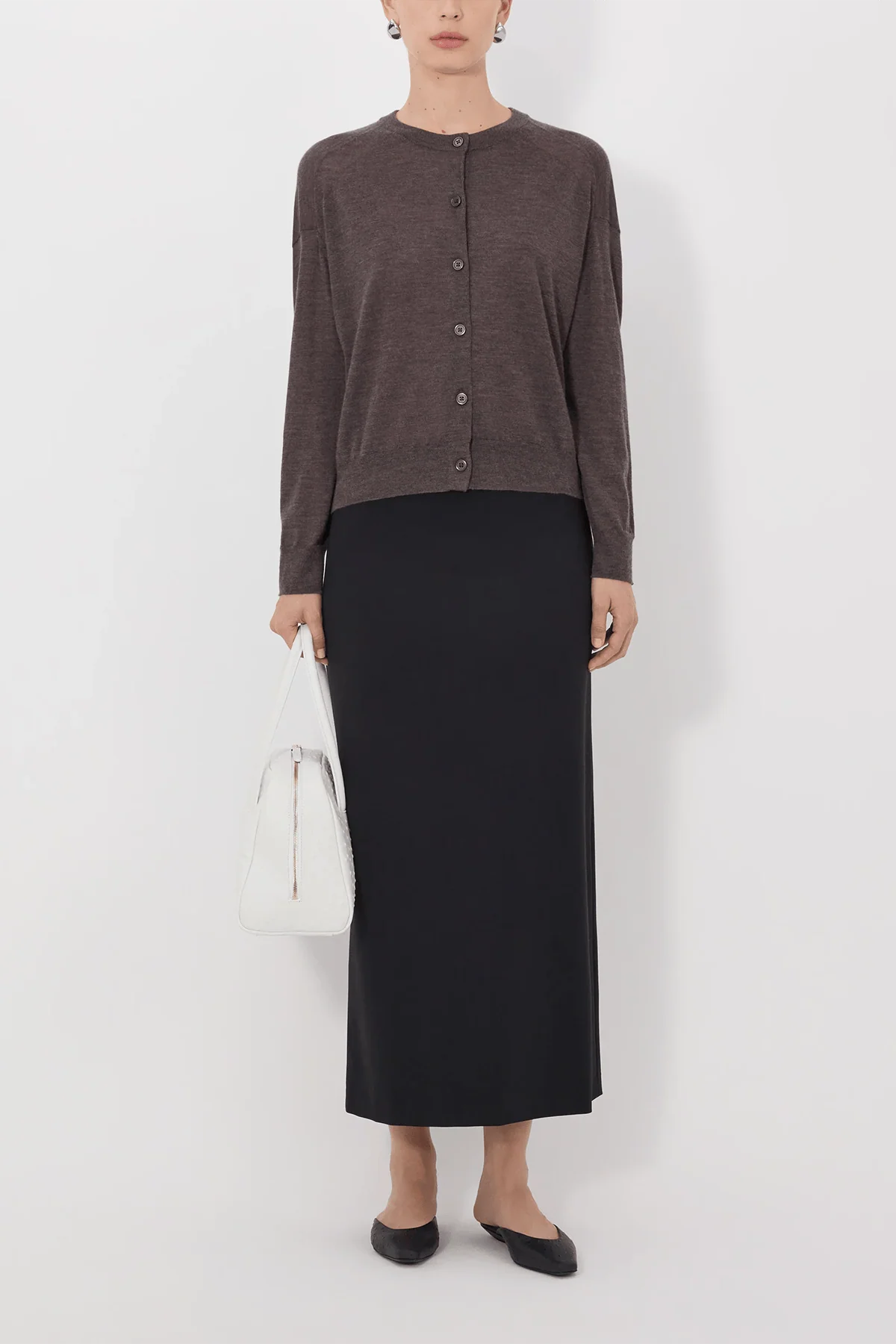Kita Fine Crewneck Cardigan in Brown Melange - Image 2