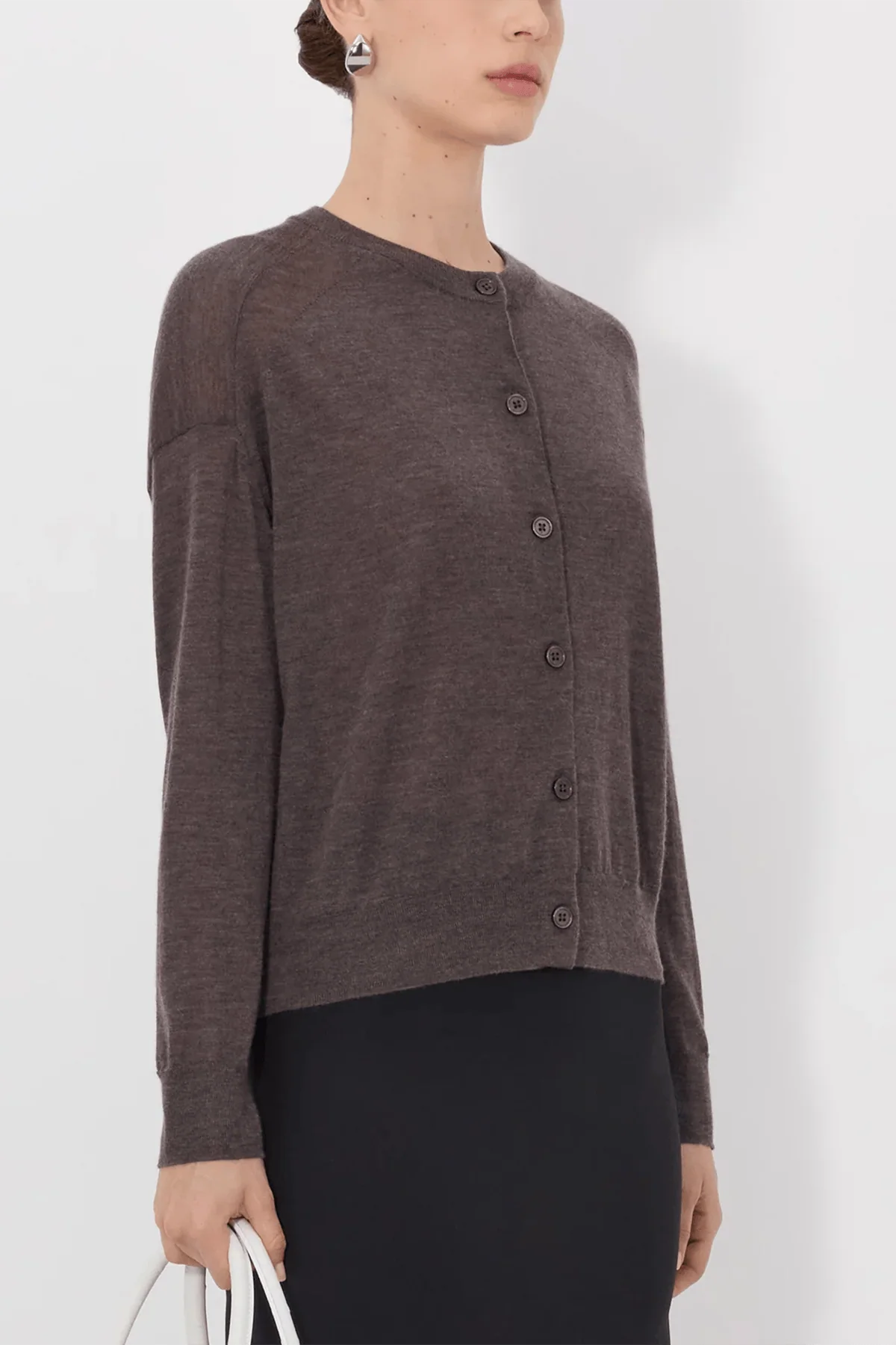 Kita Fine Crewneck Cardigan in Brown Melange - Image 3