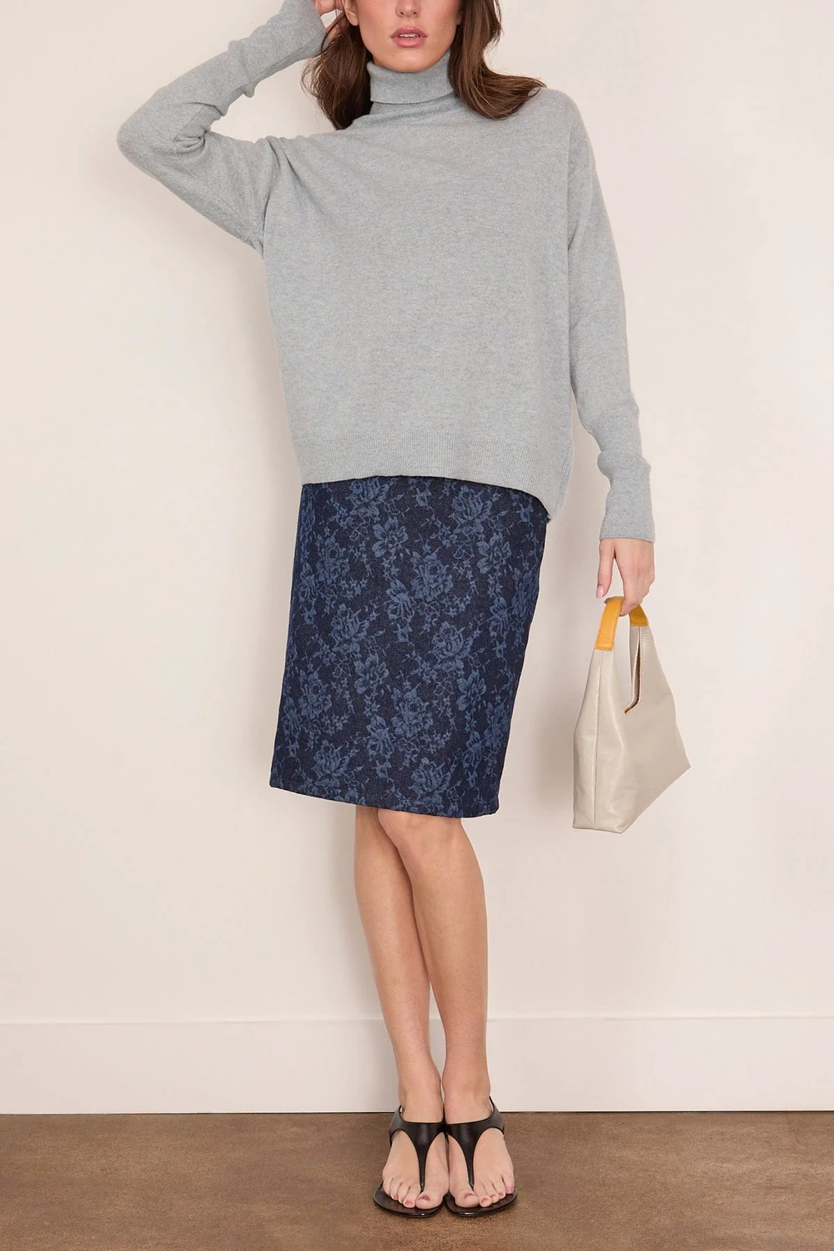 Lace Print Denim Skirt in Washed Dark Blue - Image 2