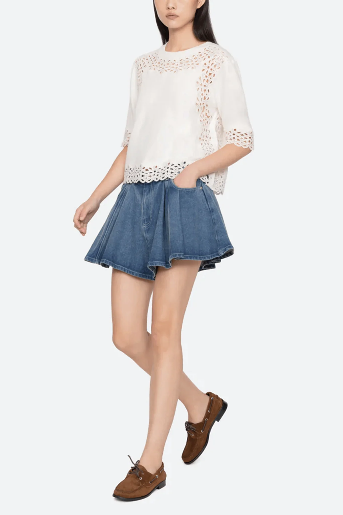 Leila Eyelet Short Sleeve Sweater in Cream - Image 2