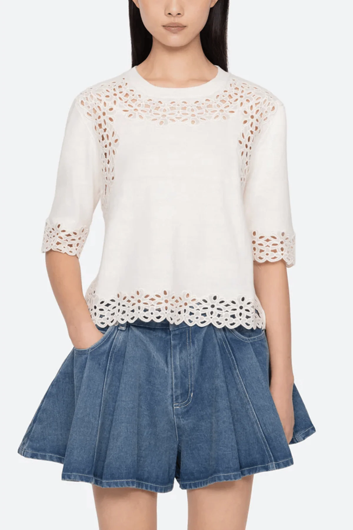 Leila Eyelet Short Sleeve Sweater in Cream - Image 3