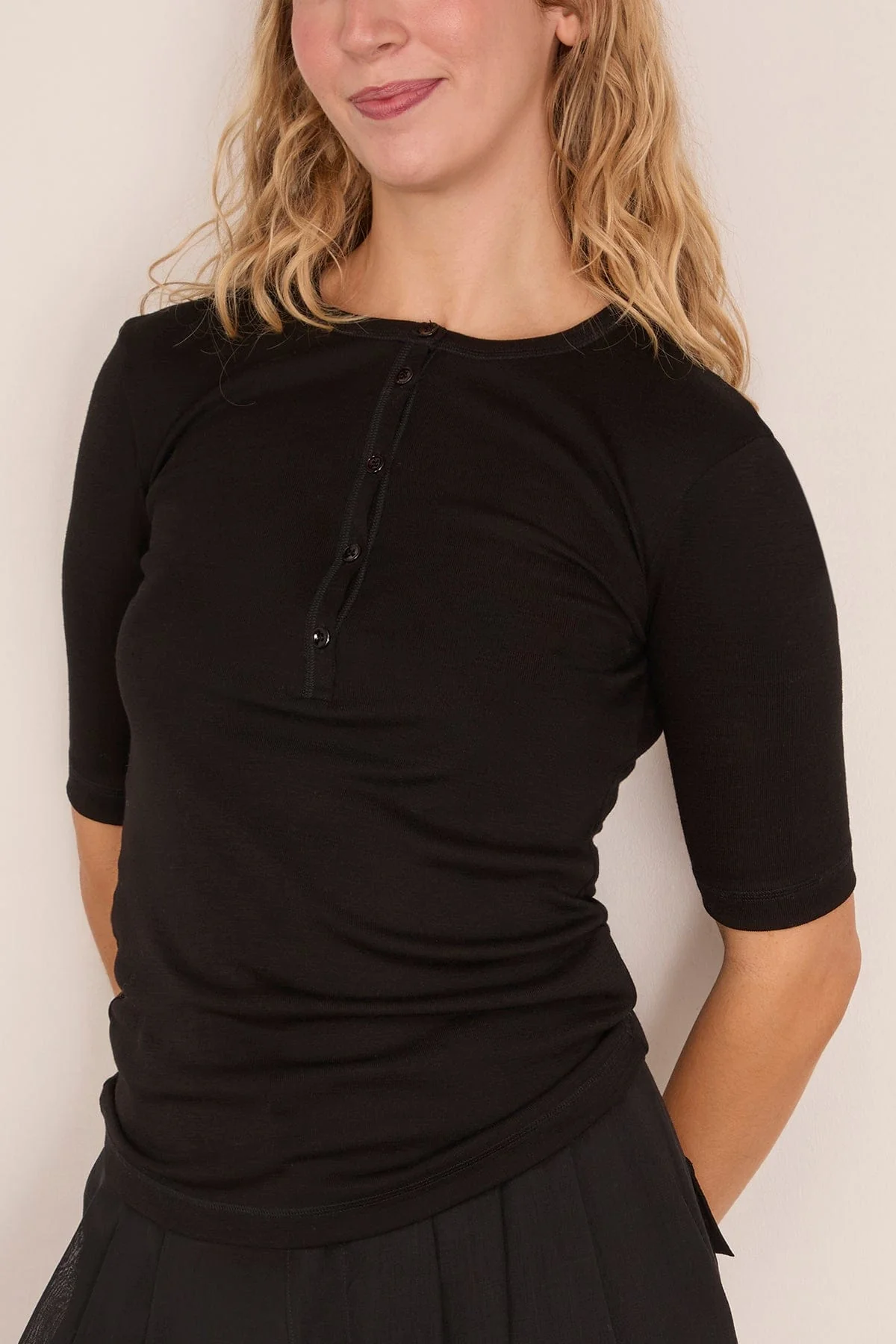 Leo Buttoned Rib Merino Top in Black - Image 3