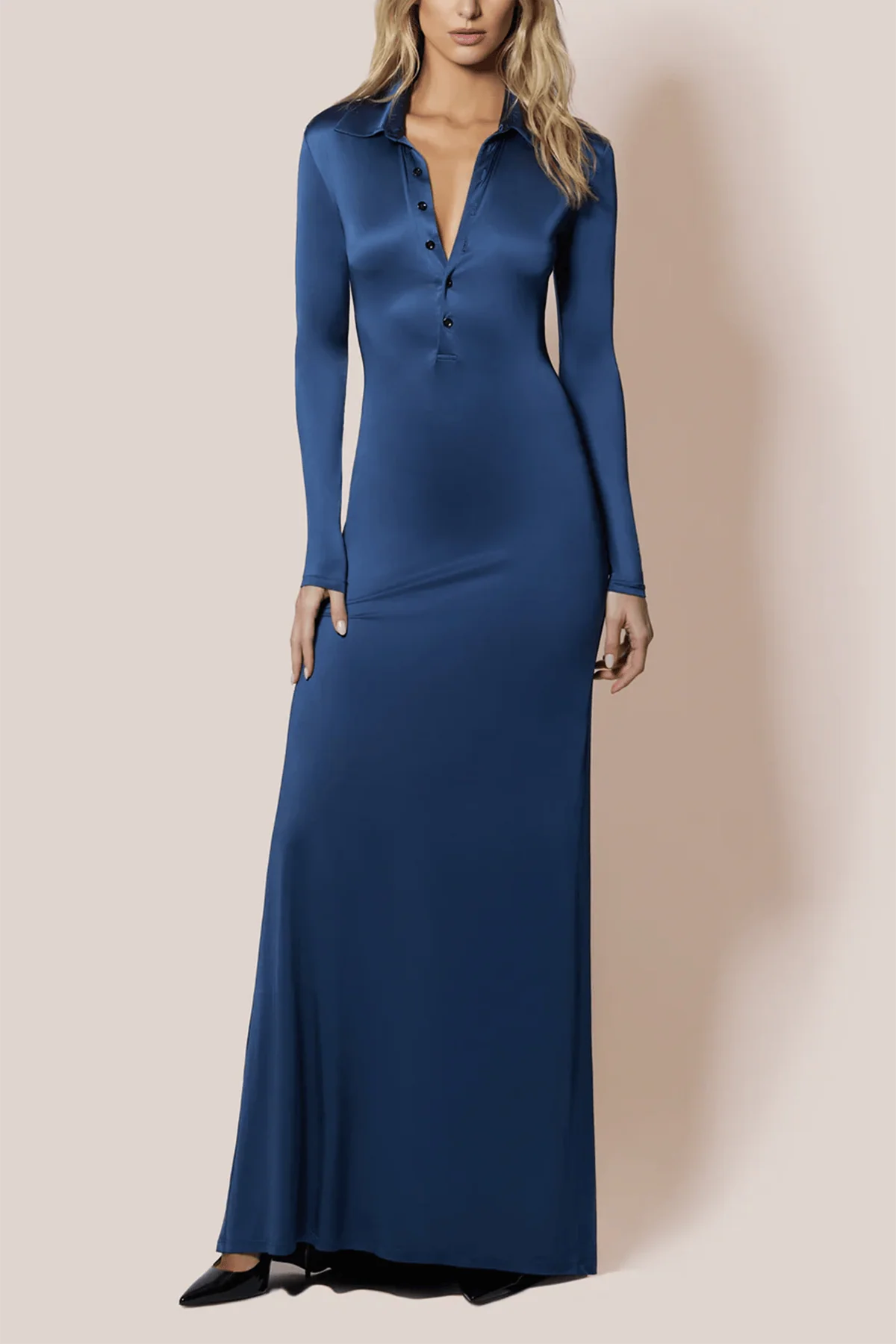Liquid Contour Buttondown Shirtdress in French Navy - Image 2