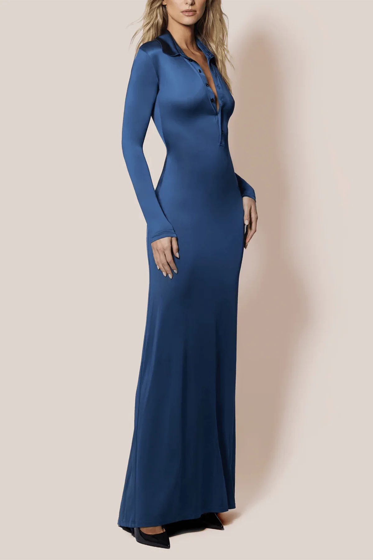 Liquid Contour Buttondown Shirtdress in French Navy - Image 3