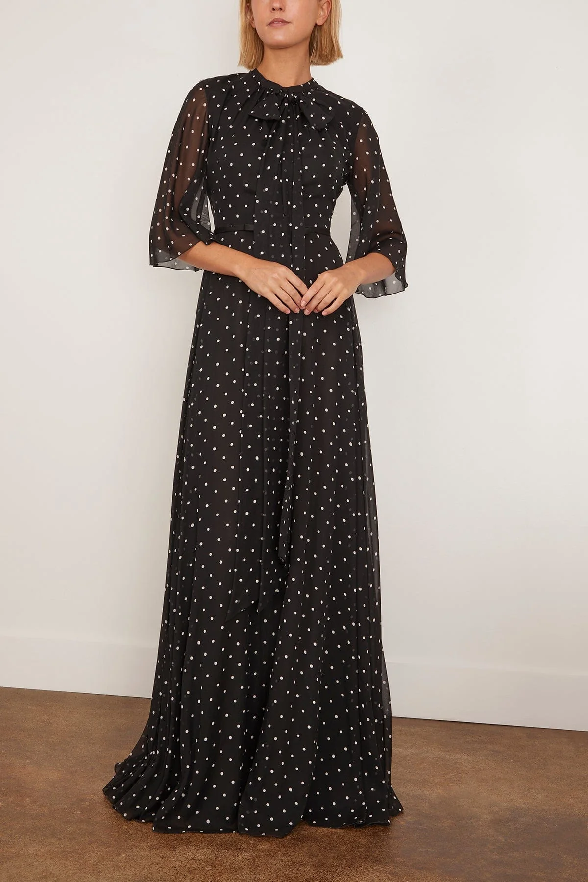 Long Silk White Polka Dots Dress in Black - Image 3