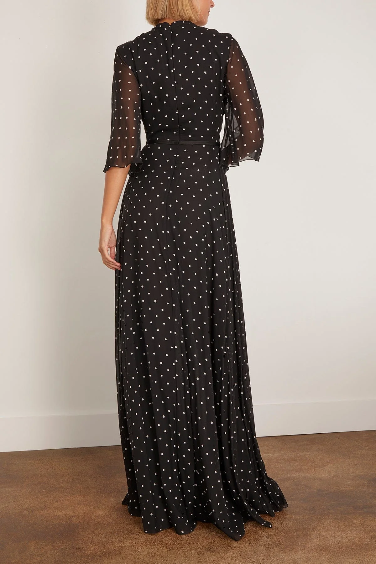 Long Silk White Polka Dots Dress in Black - Image 4