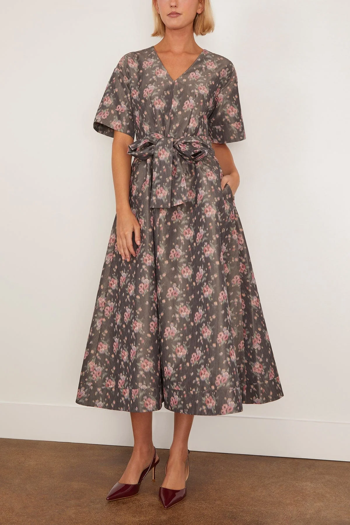 Lunetta Taffeta Wide Sleeve Pleated Midi Dress in Shadow Floral Ikat - Image 3
