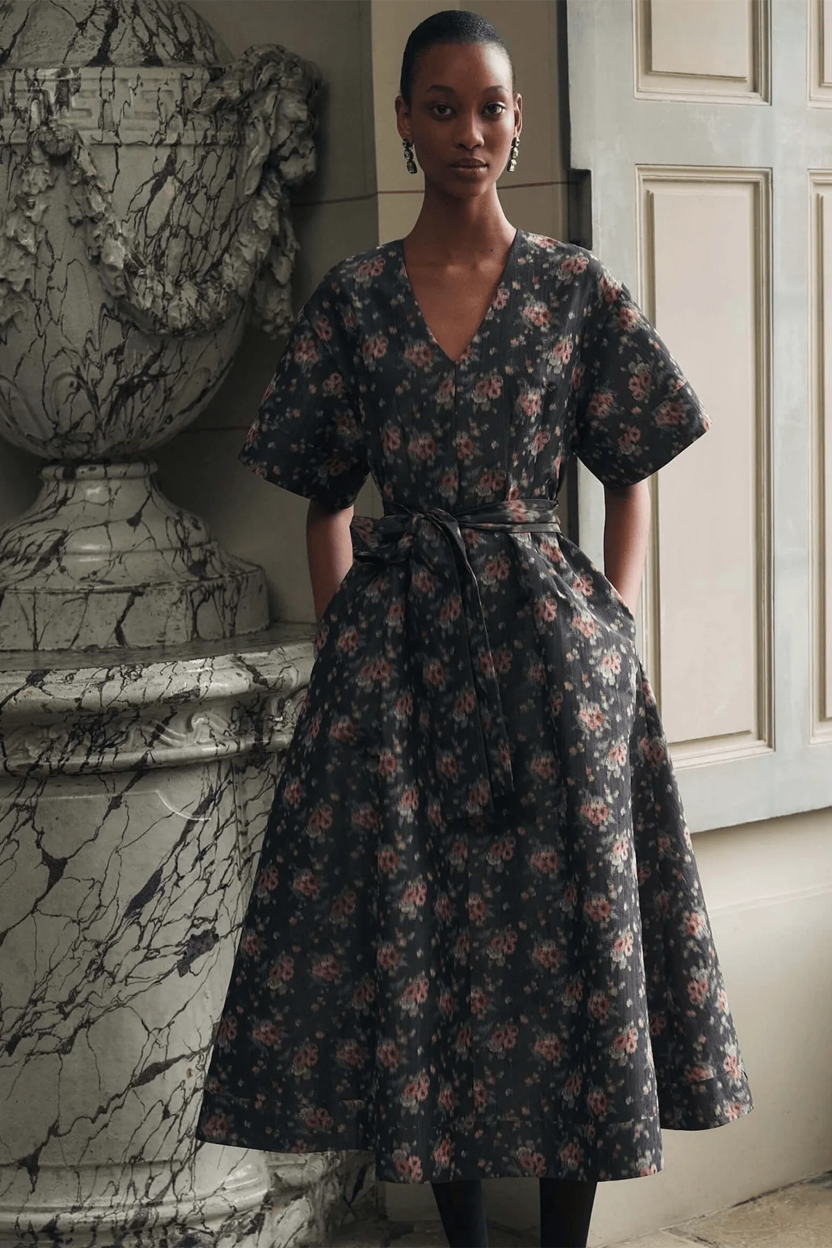 Lunetta Taffeta Wide Sleeve Pleated Midi Dress in Shadow Floral Ikat - Image 5