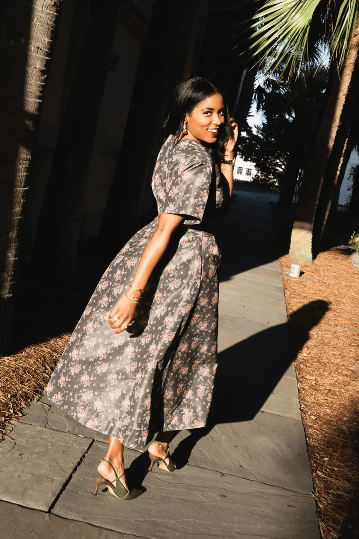 Lunetta Taffeta Wide Sleeve Pleated Midi Dress in Shadow Floral Ikat - Image 6
