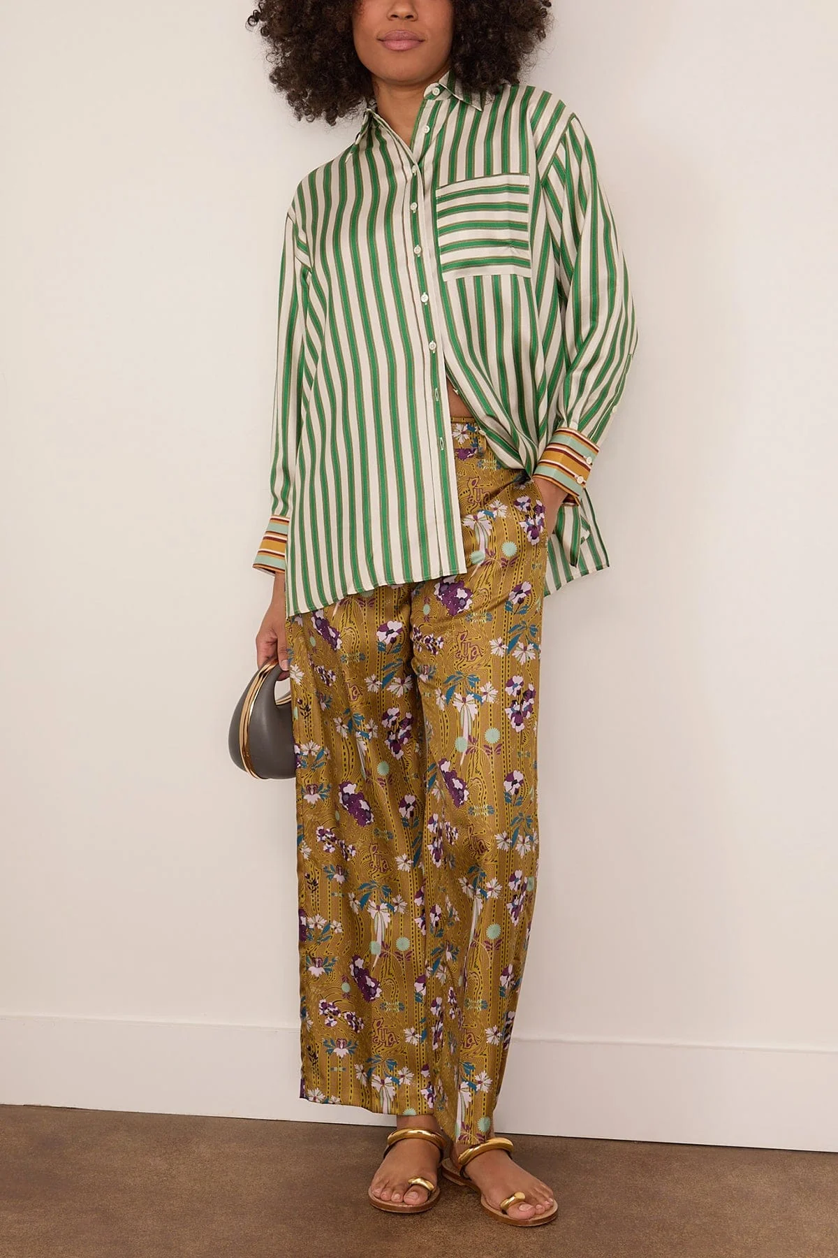 Marie Silk Twill Shirt in Green Stripes - Image 2