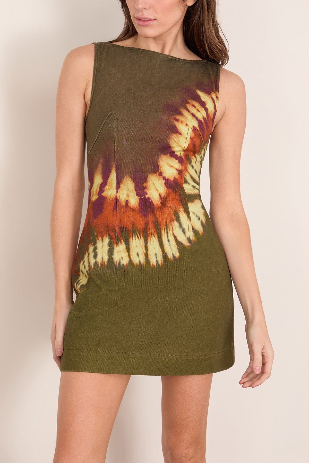 Marilyn Denim Mini Dress in Khaki - Image 3