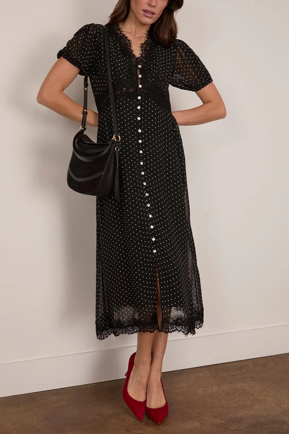 Melody Polka Dot Puff Sleeve Dress in Black - Image 2